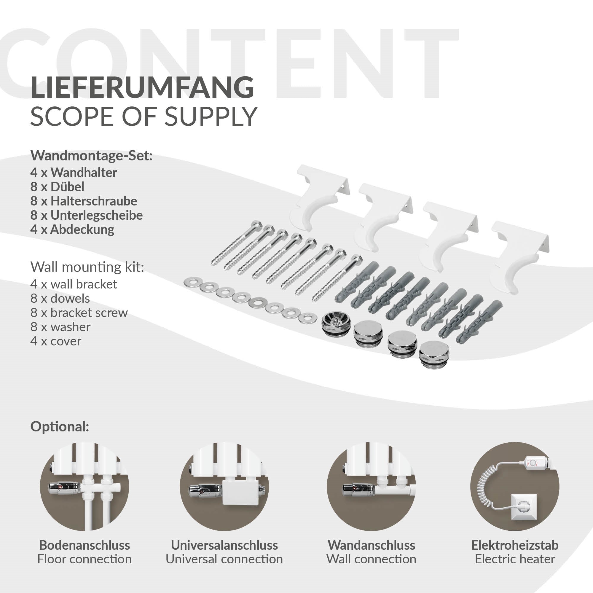 Scope of delivery of a wall mounting set with various brackets and screws.