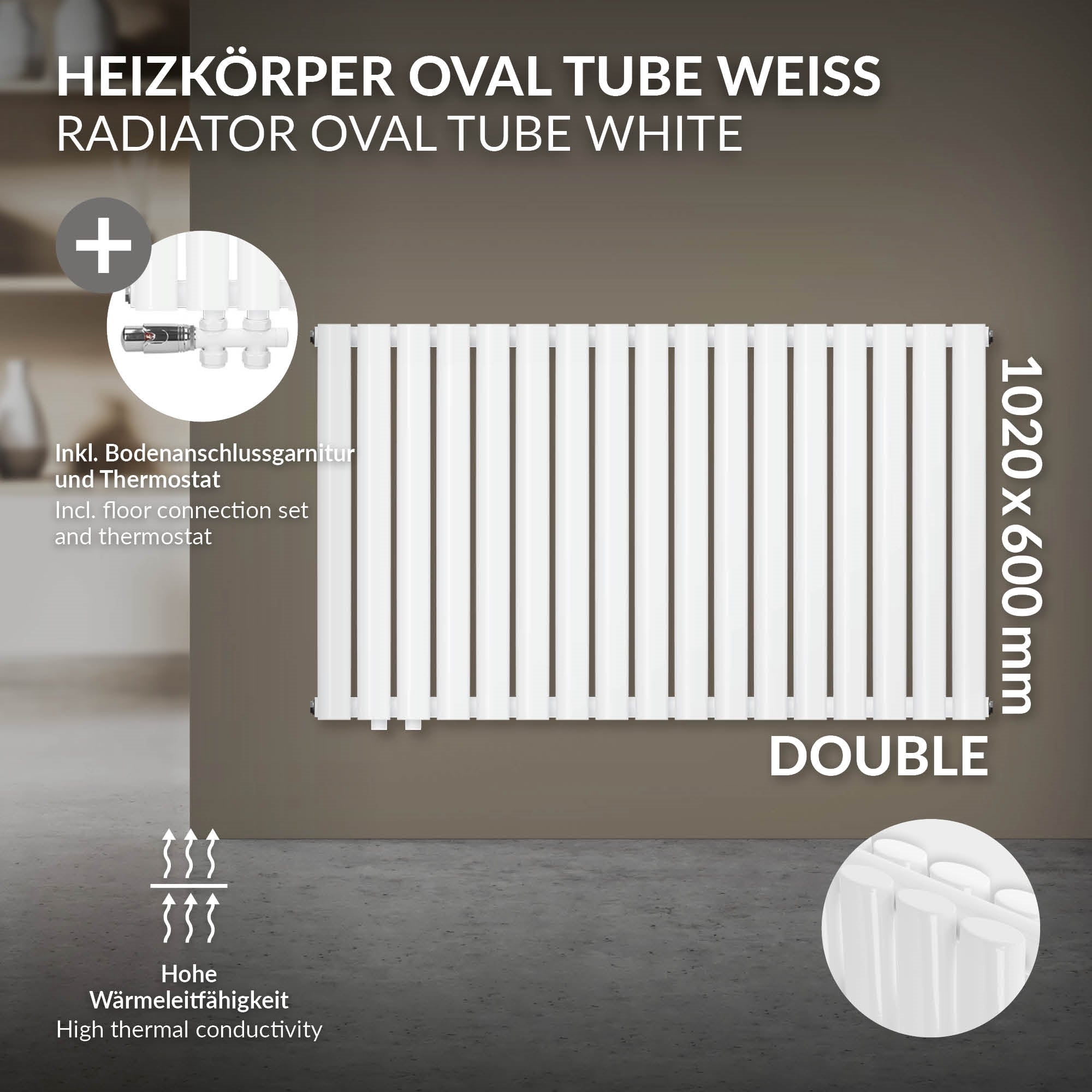 White radiator with dimensions 1020x600 mm, double.