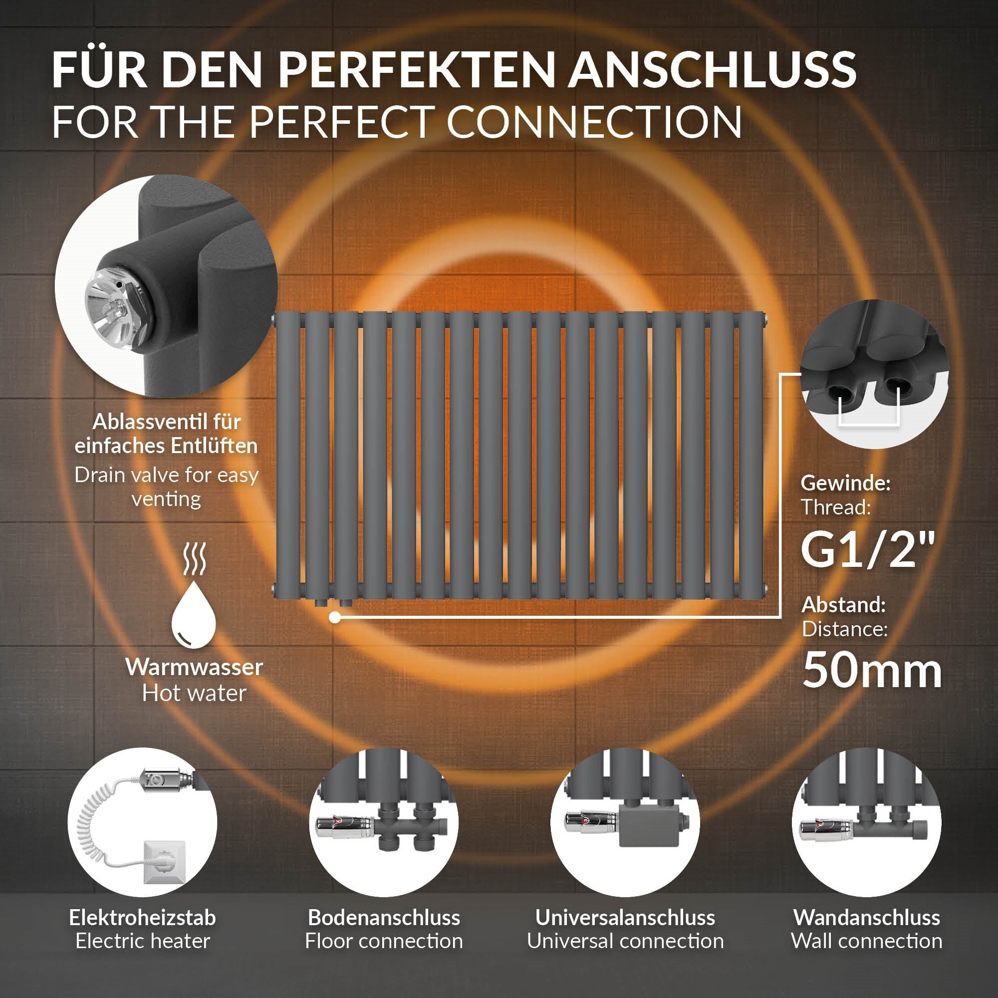Radiateur anthracite avec des détails sur les possibilités de raccordement.
