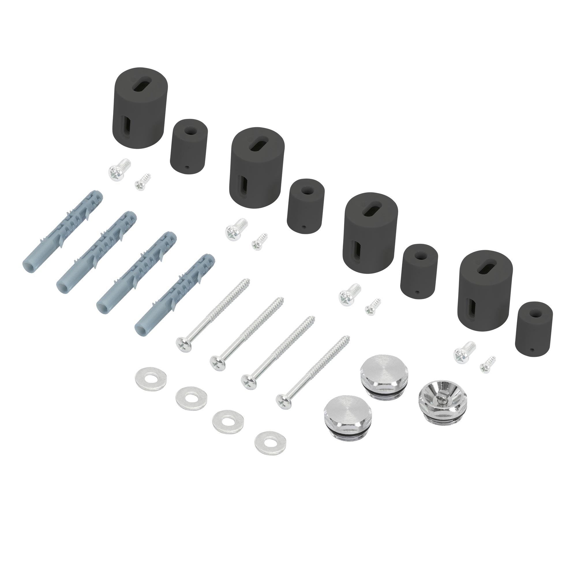Montagematerial für Heizkörper, verschiedene Teile in Schwarz und Grau.