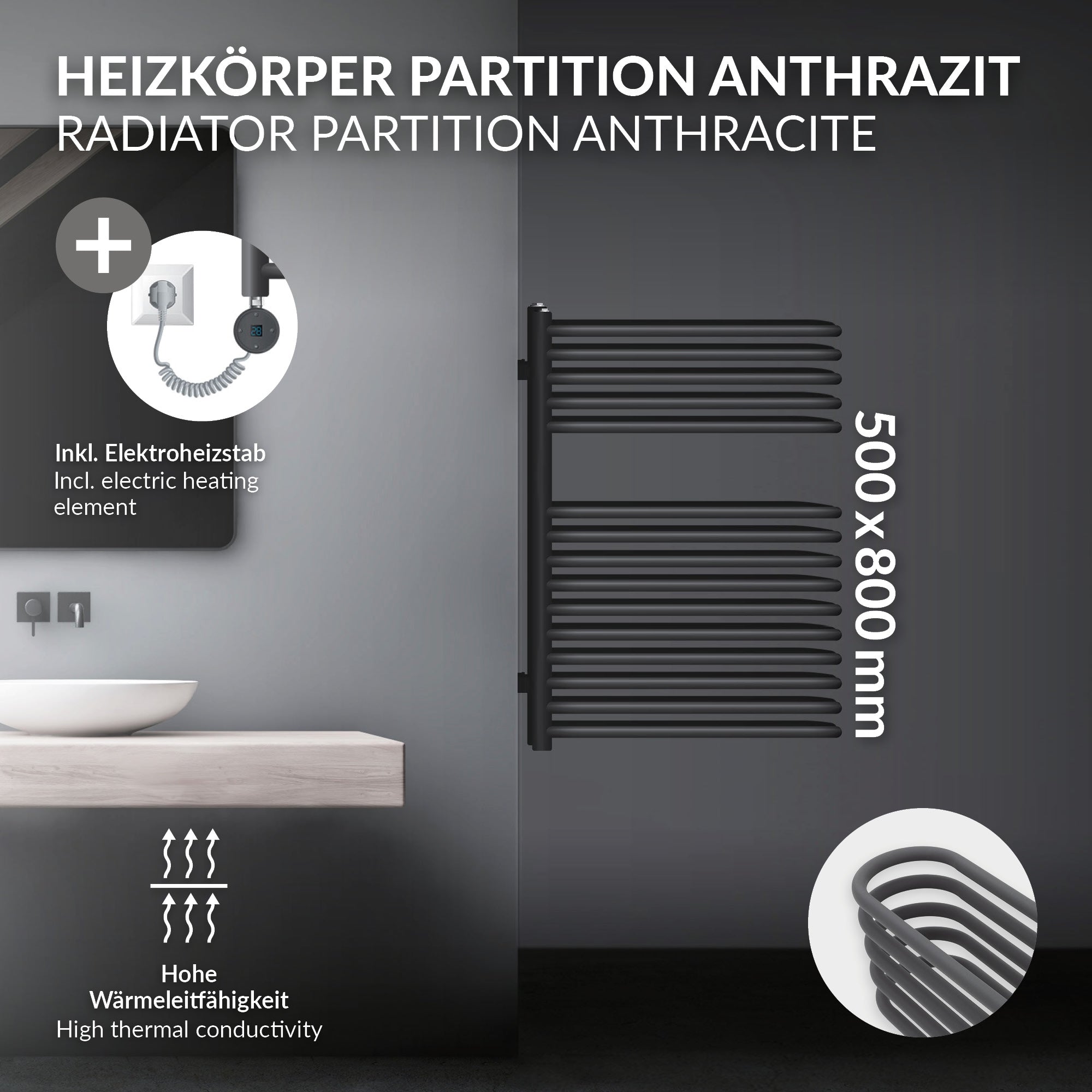 Antracitfarvet radiatorpartition med håndklæder, beskrivelse af funktionerne.