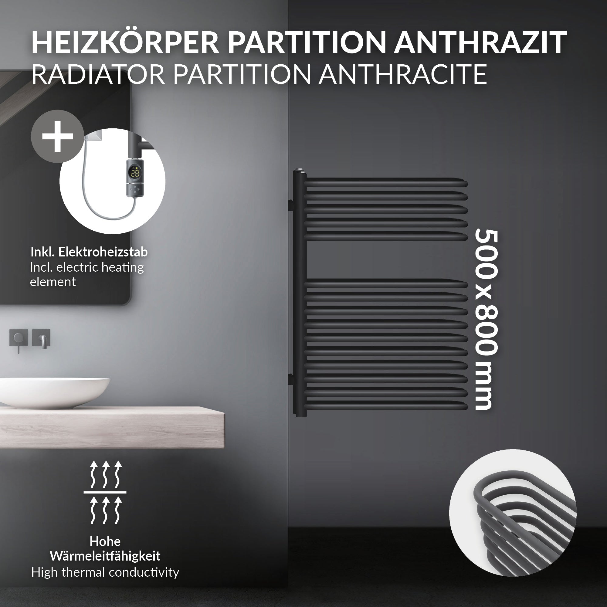 Radiateur en anthracite avec barre de chauffage électrique et haute puissance thermique.