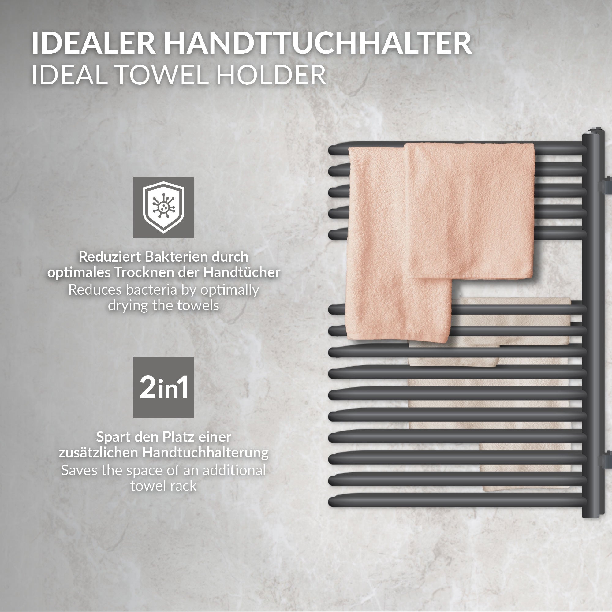 Handtuchhalter mit zwei Handtüchern in einem modernen Badezimmer.