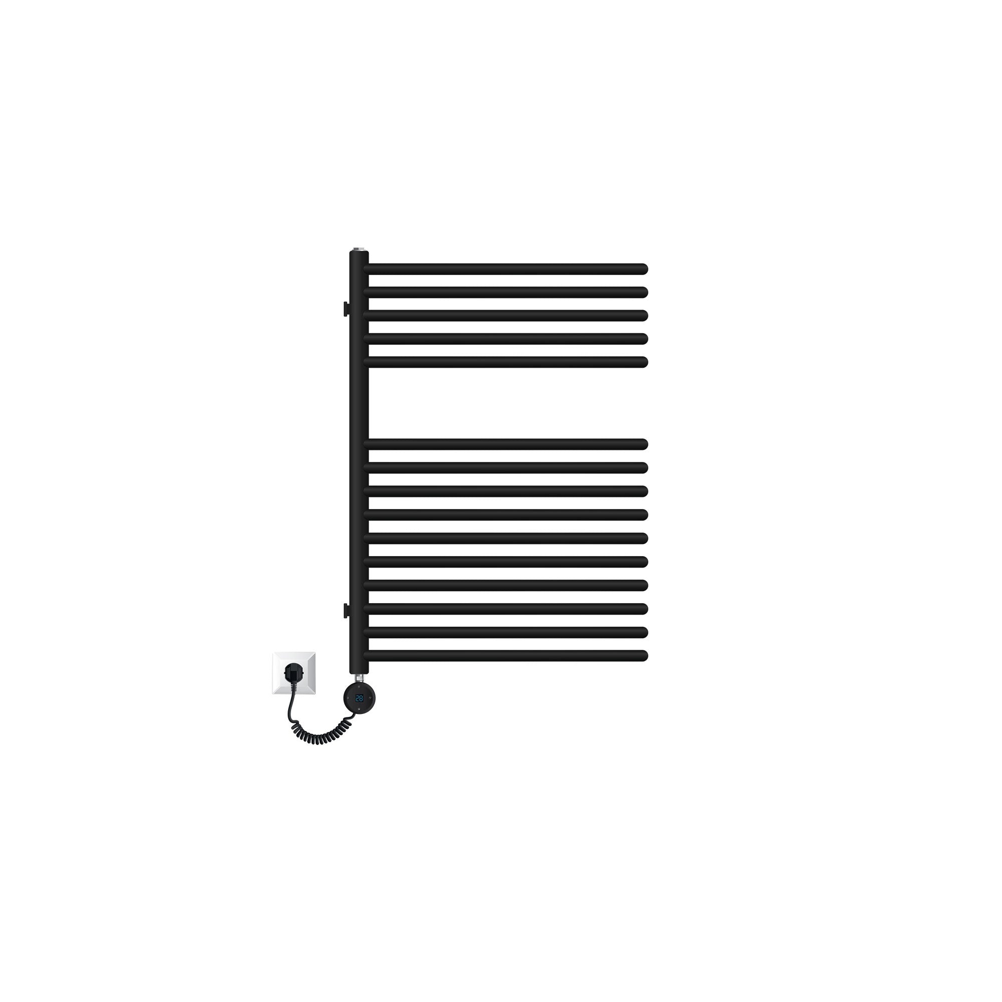 Schwarze Heizkörperpartition mit elektrischen Anschluss und minimalistischer Darstellung.