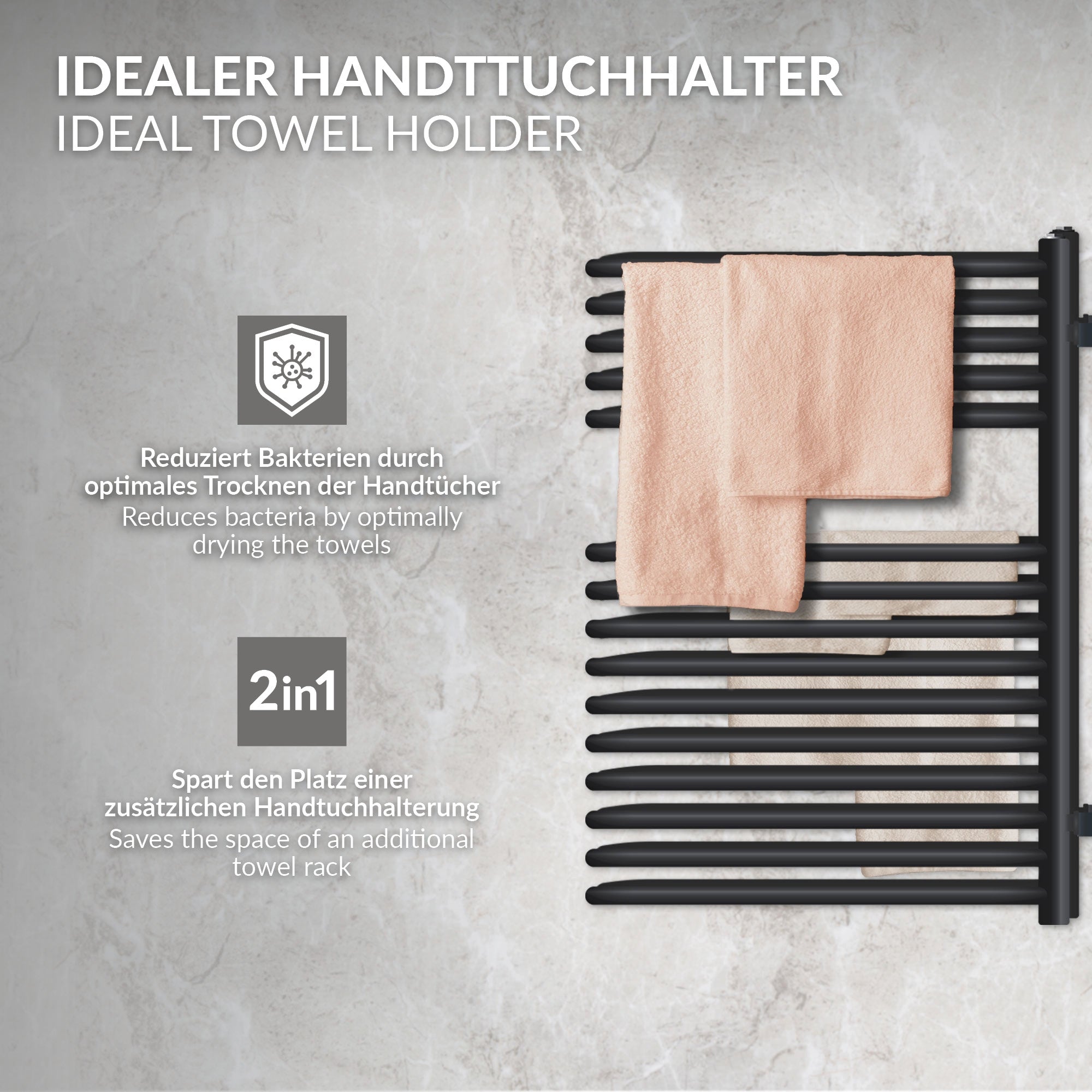Schwarzer Handtuchhalter mit zwei Handtüchern, Beschreibung der Funktionen.
