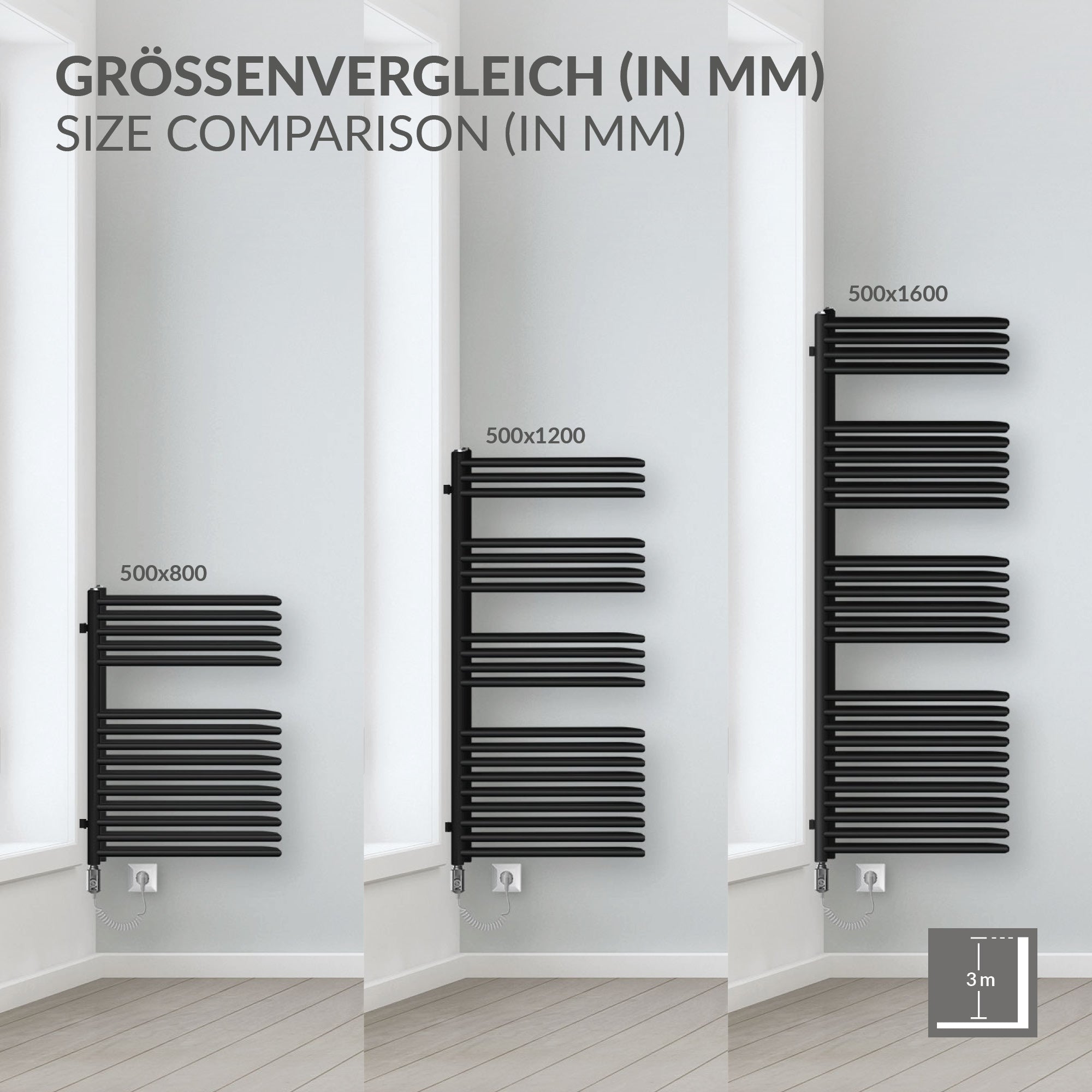 Size comparison of radiators in three different sizes on a wall.