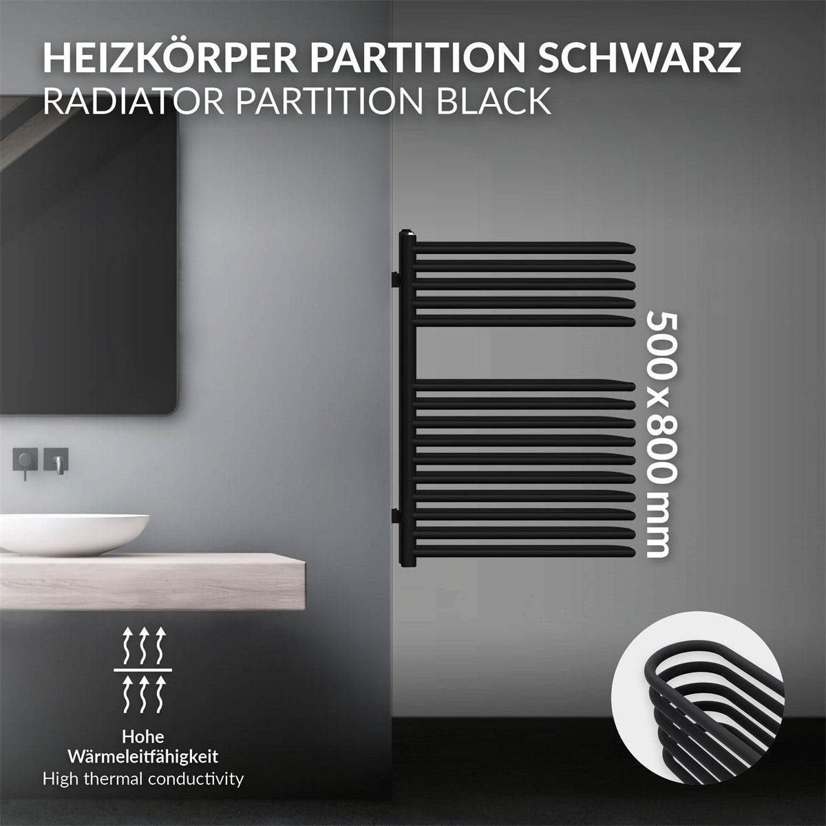 Schwarze Heizkörperpartition mit Handtüchern, technische Details.
