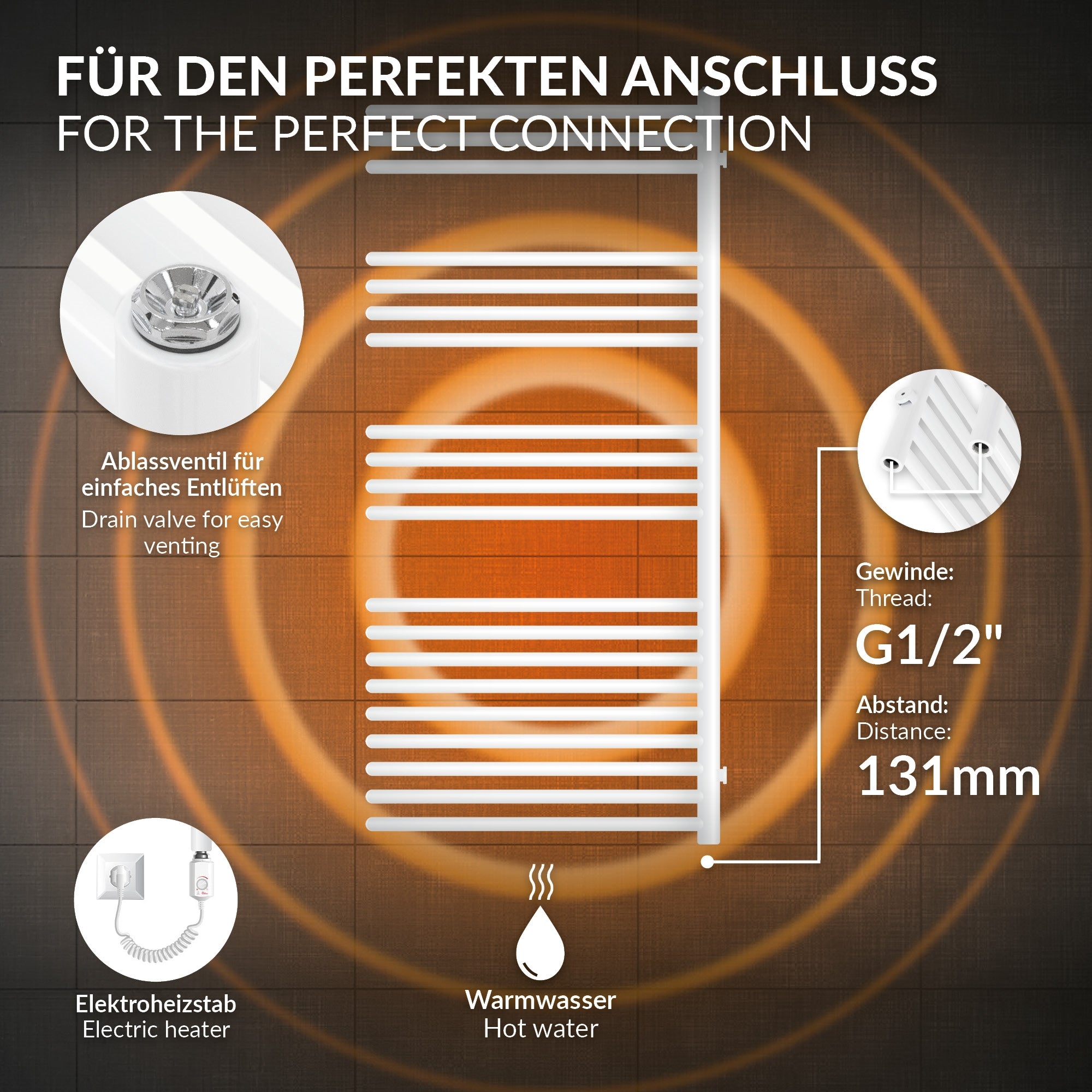 Technische Illustration eines Heizkörpers mit Anschlussdetails.