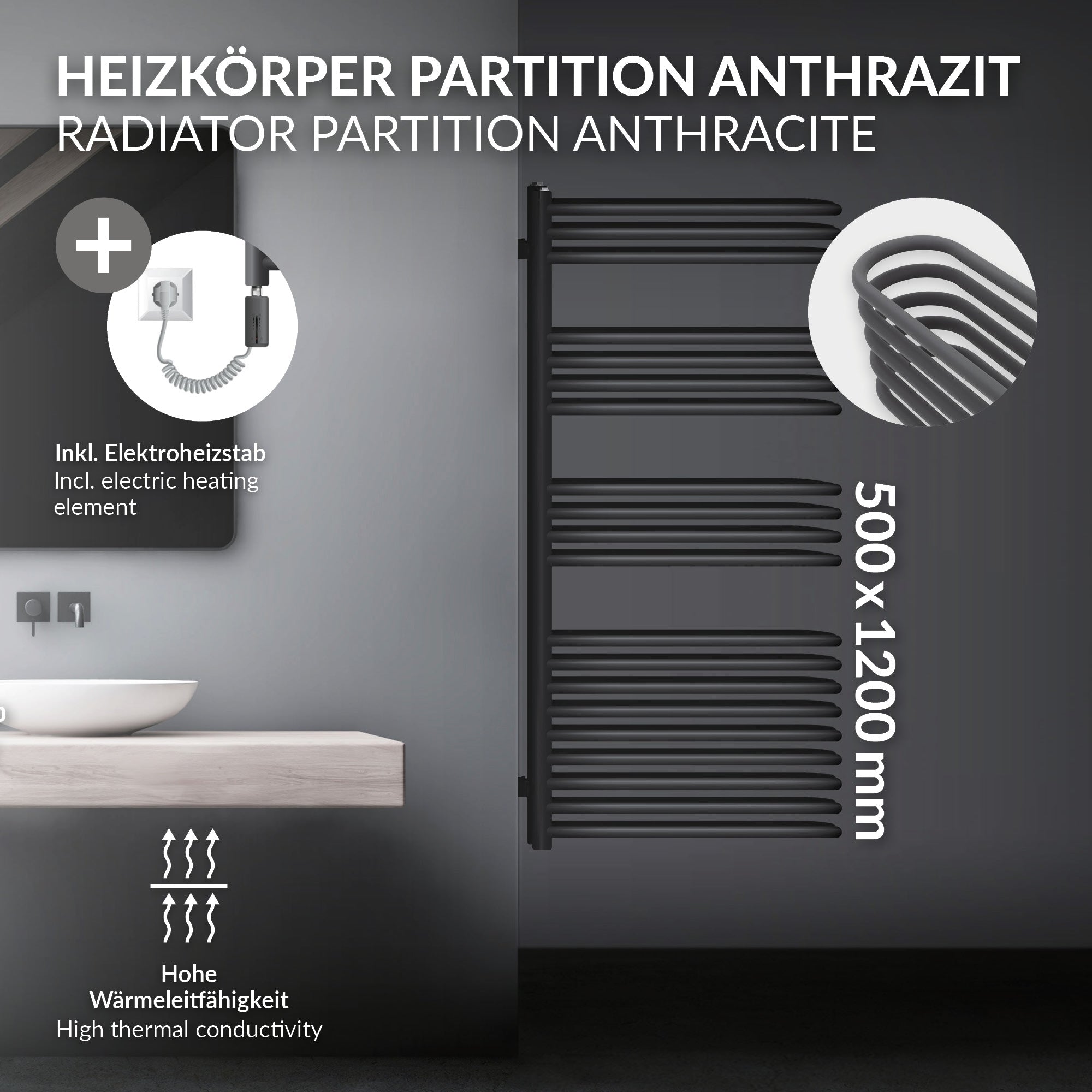 Anthrazitfarbener Heizkörper mit mehreren horizontalen Rohren, Maße 500x1200 mm.