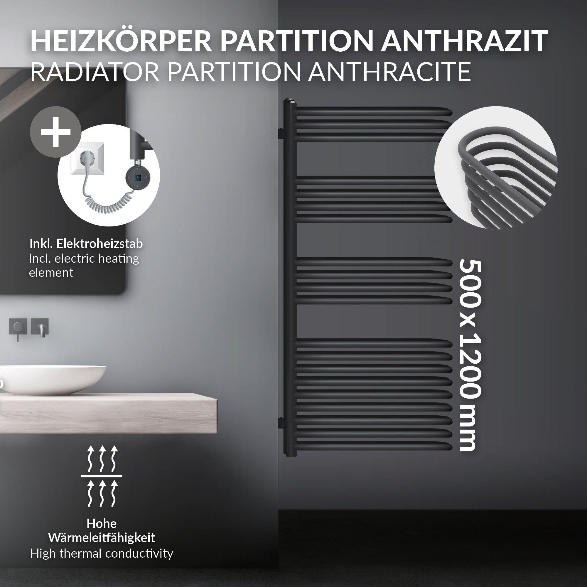 Radiator partition in anthracite, dimensions 500x1200 mm, with electric heating element.