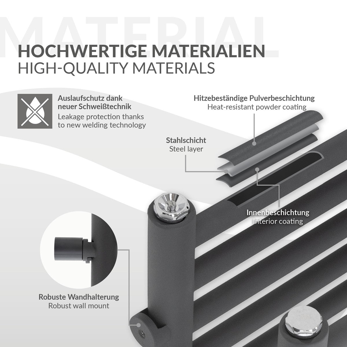 Radiator de culoare antracit, cu țevi orizontale, dimensiuni 500x1200mm.