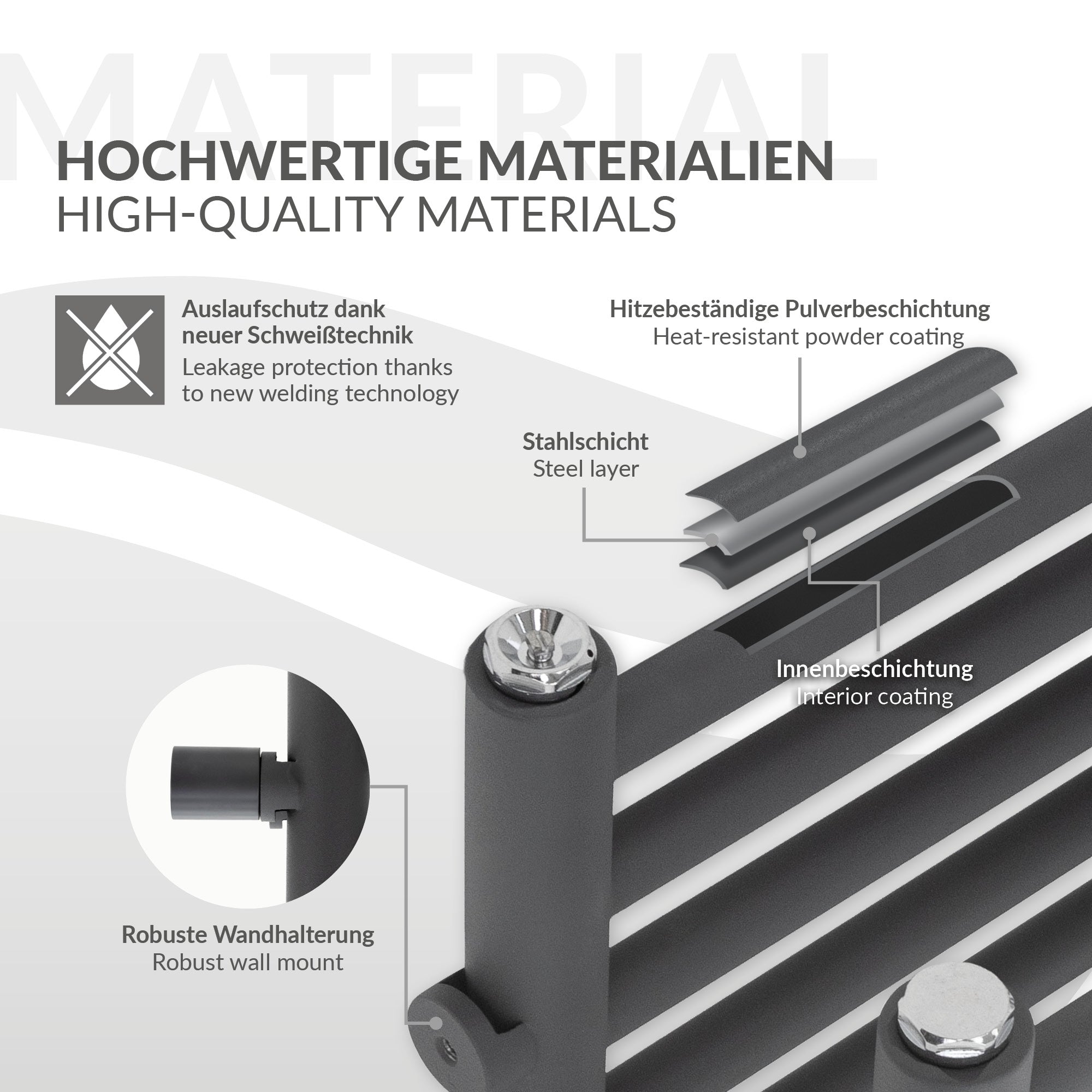 Anthrazitfarbener Heizkörper mit horizontalen Röhren, Maße 500x1200mm.
