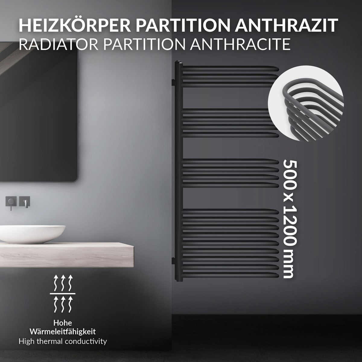 Antrasiitin värinen lämpöpatteriväliseinä, mitat 500 × 1200 mm, sähköisellä lämpövastuksella.