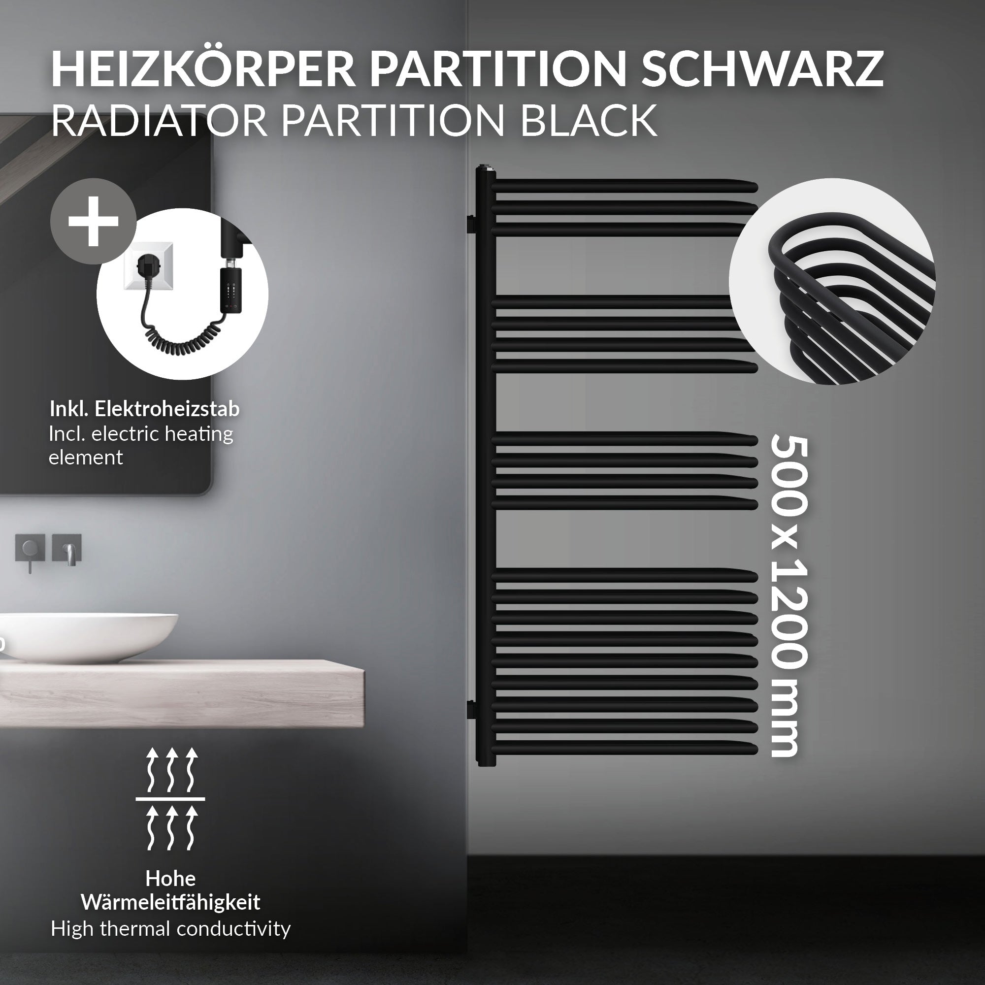 Black radiator partition with electric heating rod, dimensions 500x1200 mm.