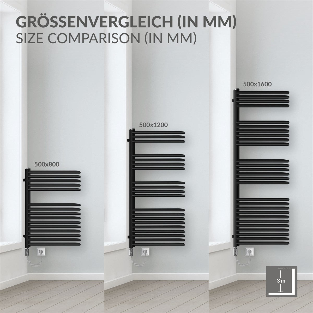 Sort radiator med vandrette rør, mål 500 × 1200 mm.