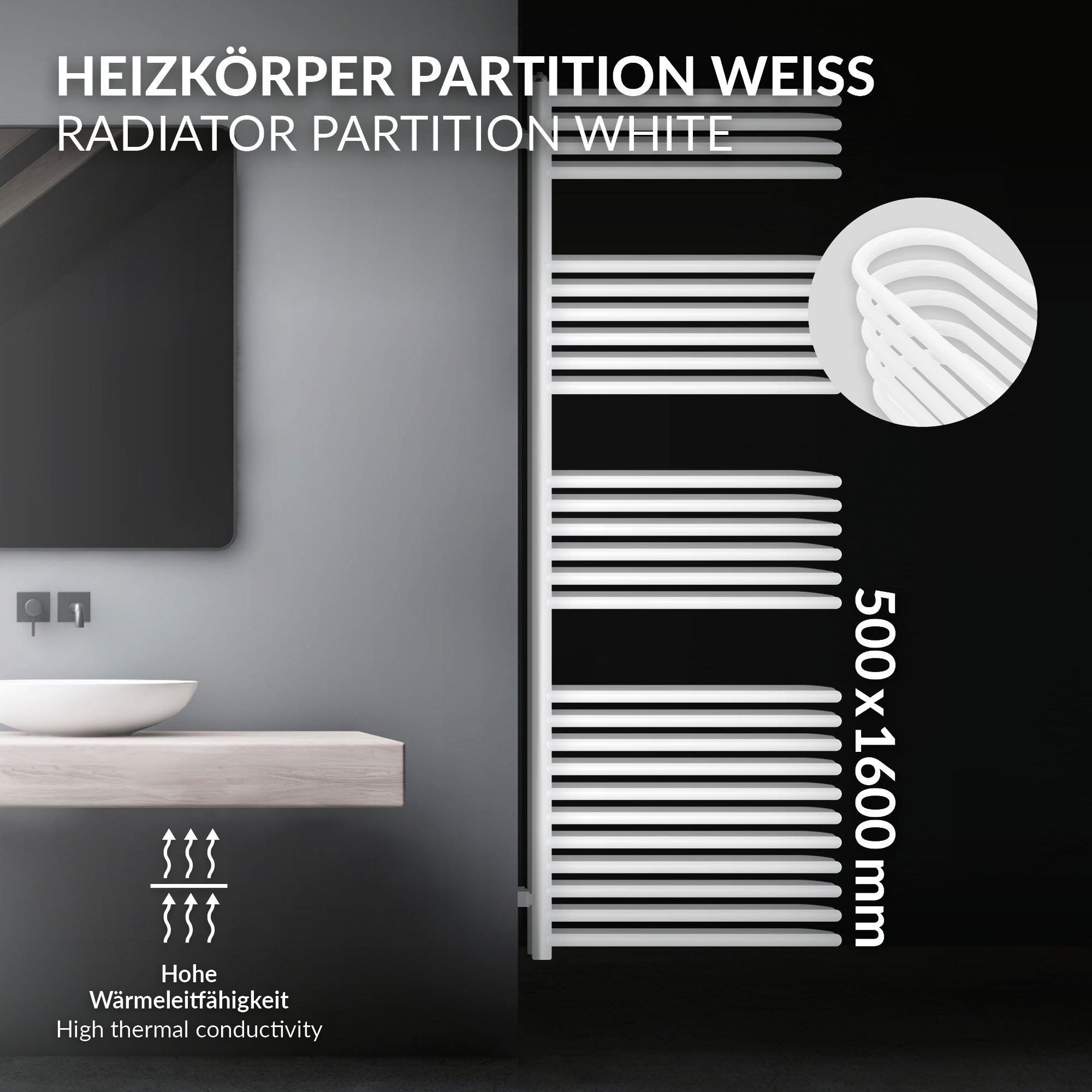 Weißer Heizkörper mit horizontalen Röhren, Maße 500x1600mm.