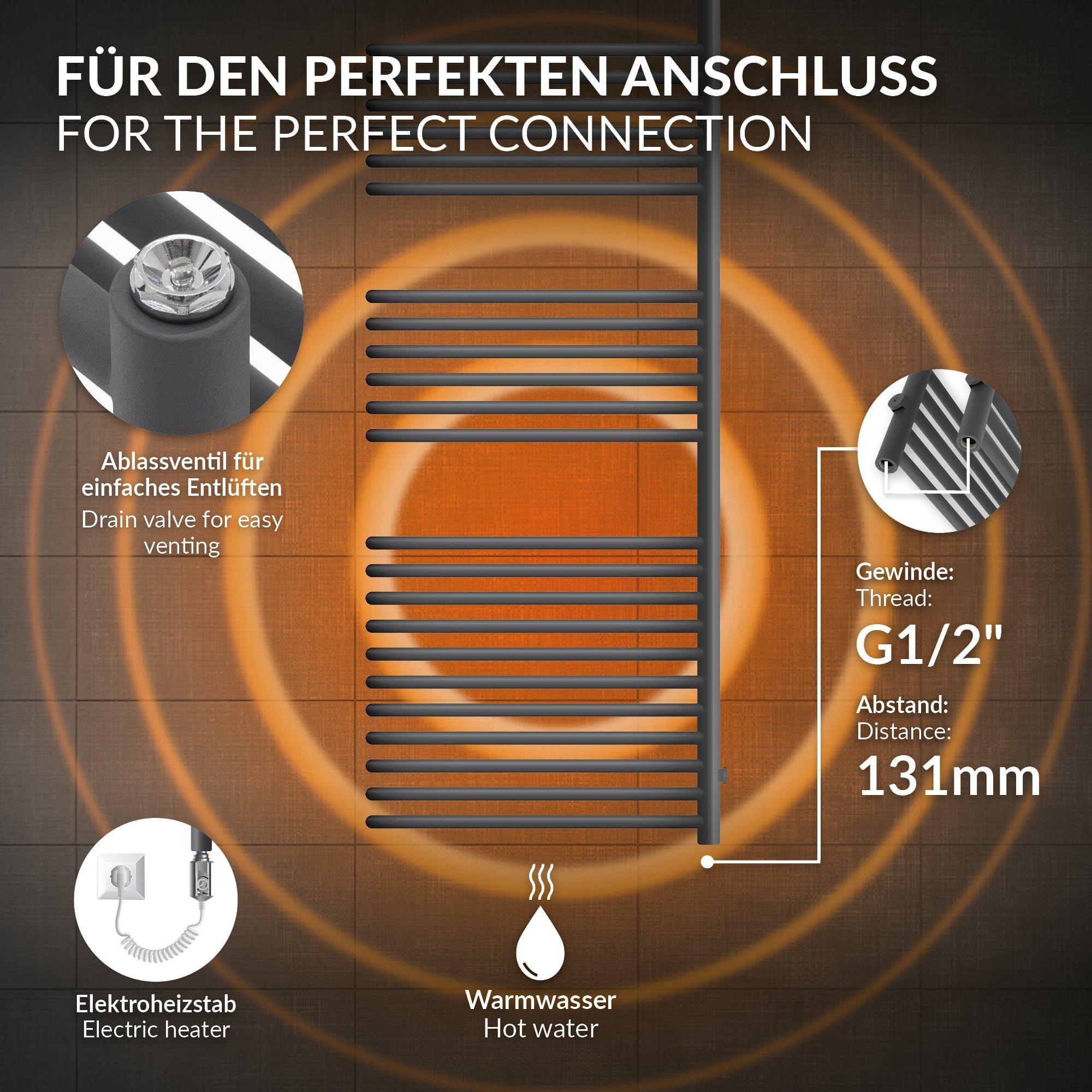 Anthrazitfarbener Handtuchheizkörper mit mehreren horizontalen Röhren.