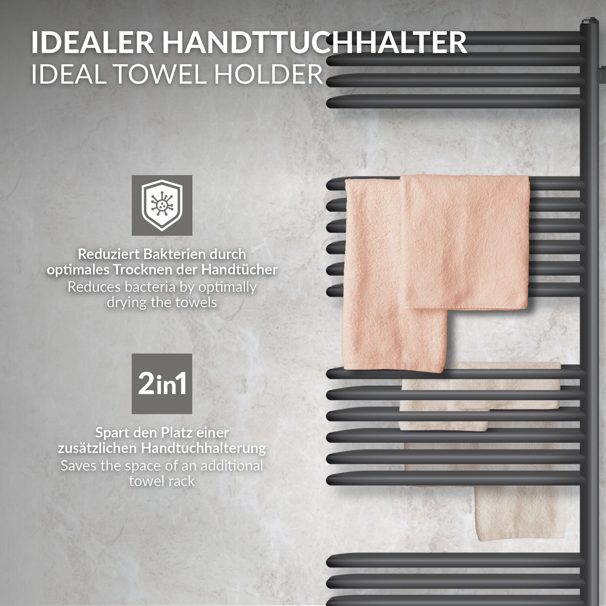 Anthrazitfarbener Handtuchhalter mit zwei Handtüchern.
