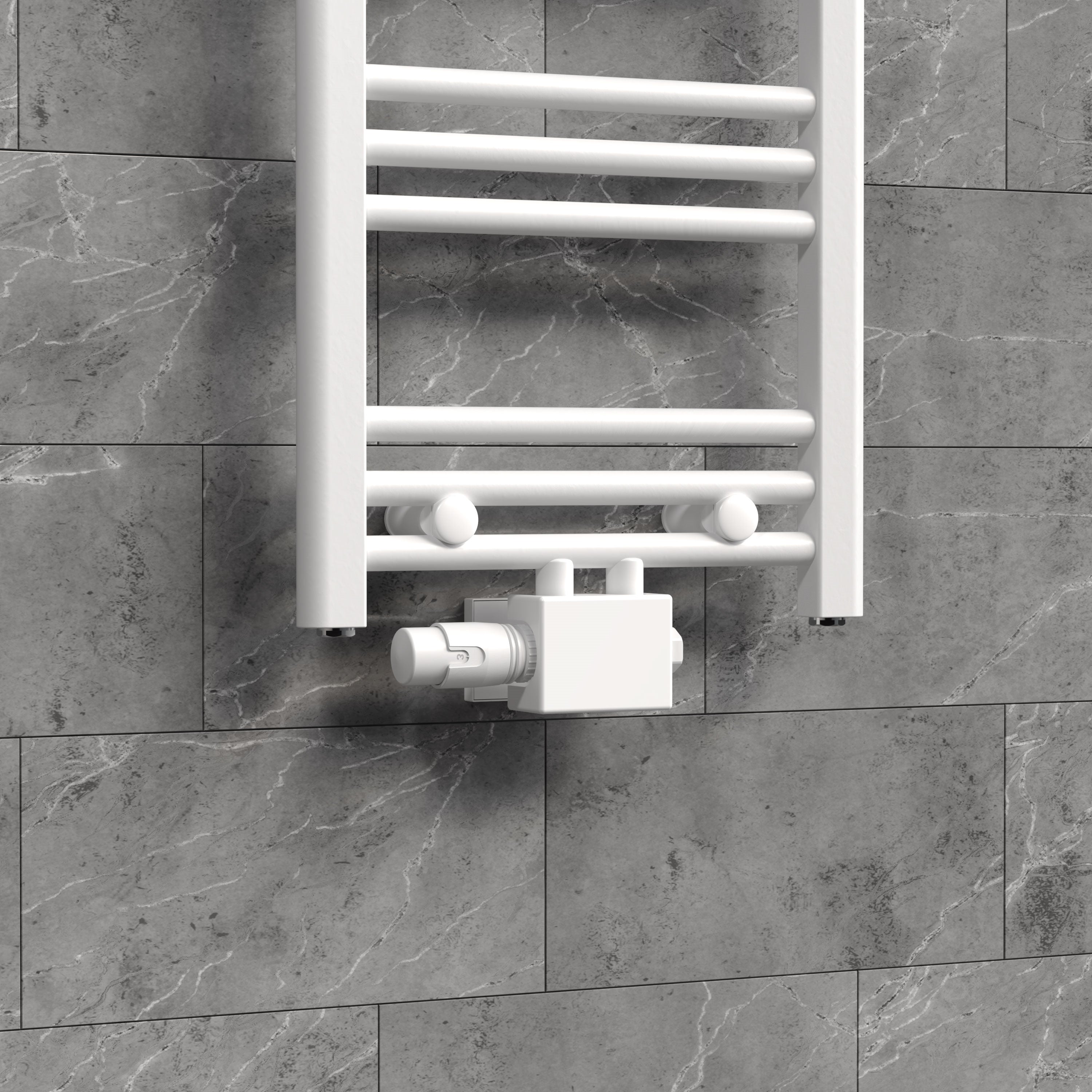 Vanne universelle blanche montée sur un radiateur.