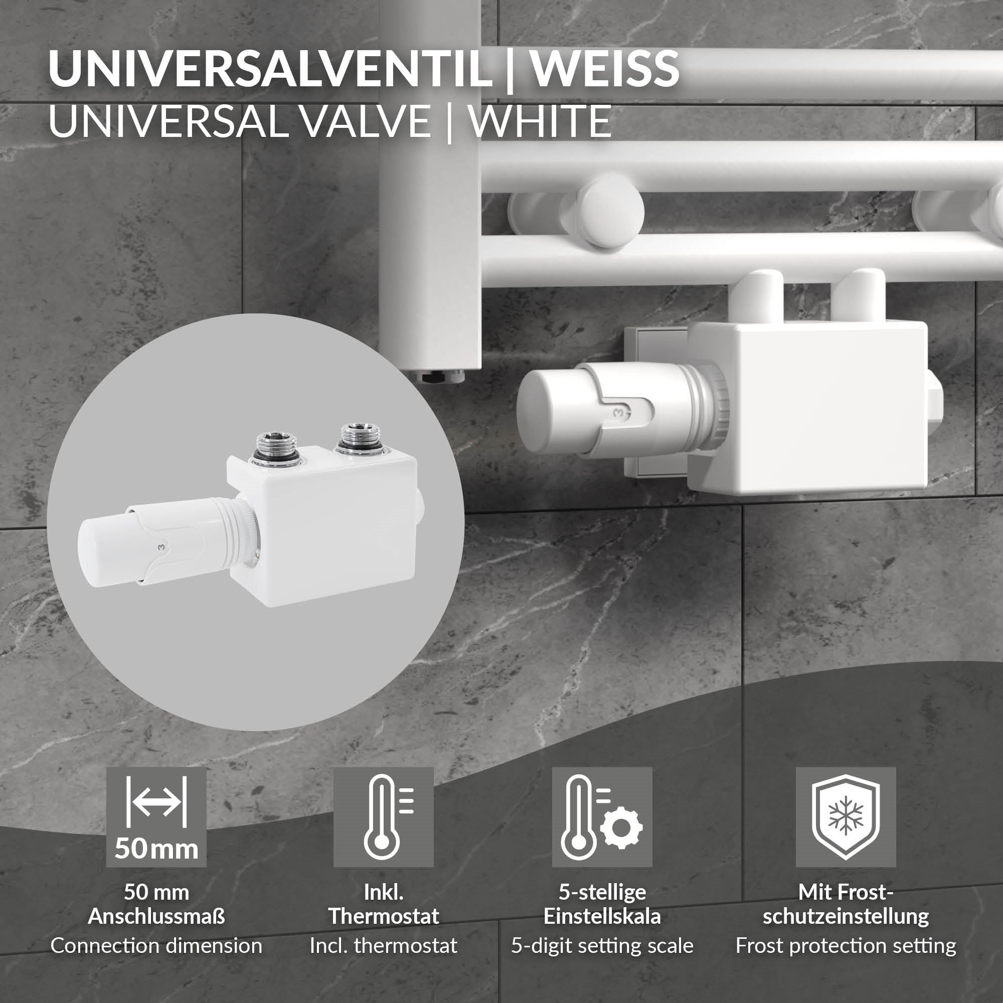 Weißes Universalventil mit Thermostat und Frostschutzfunktion.