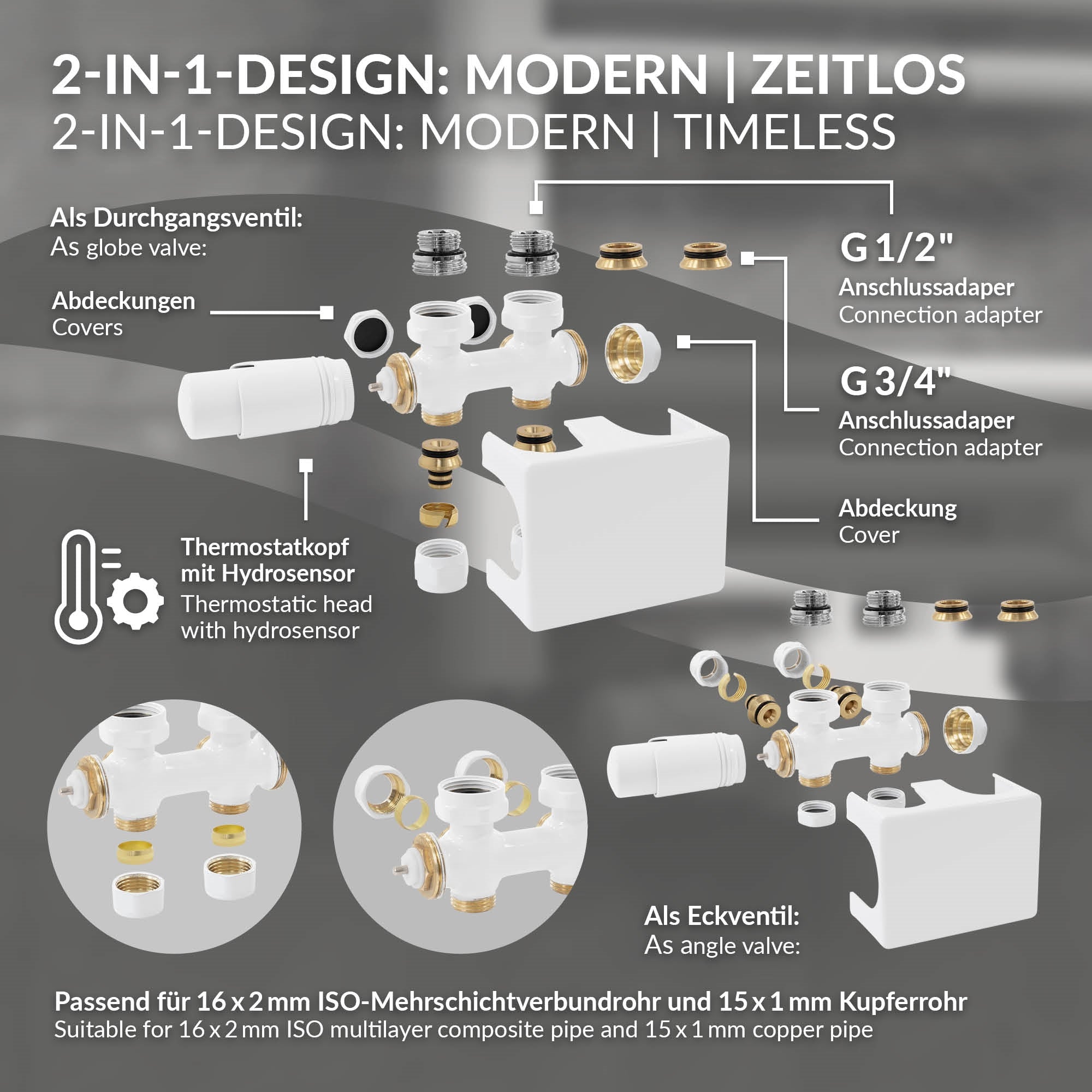 Graphique avec différents composants d'un design 2-en-1 pour installations sanitaires.