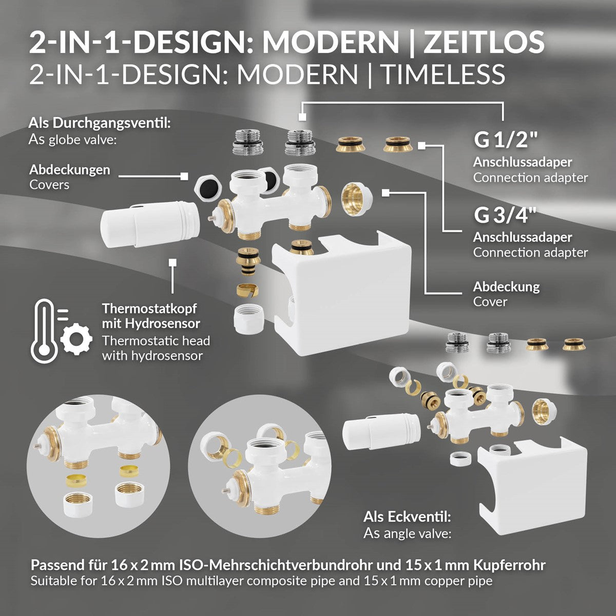 Grafik mit verschiedenen Komponenten eines 2-in-1-Designs für Sanitärinstallationen.