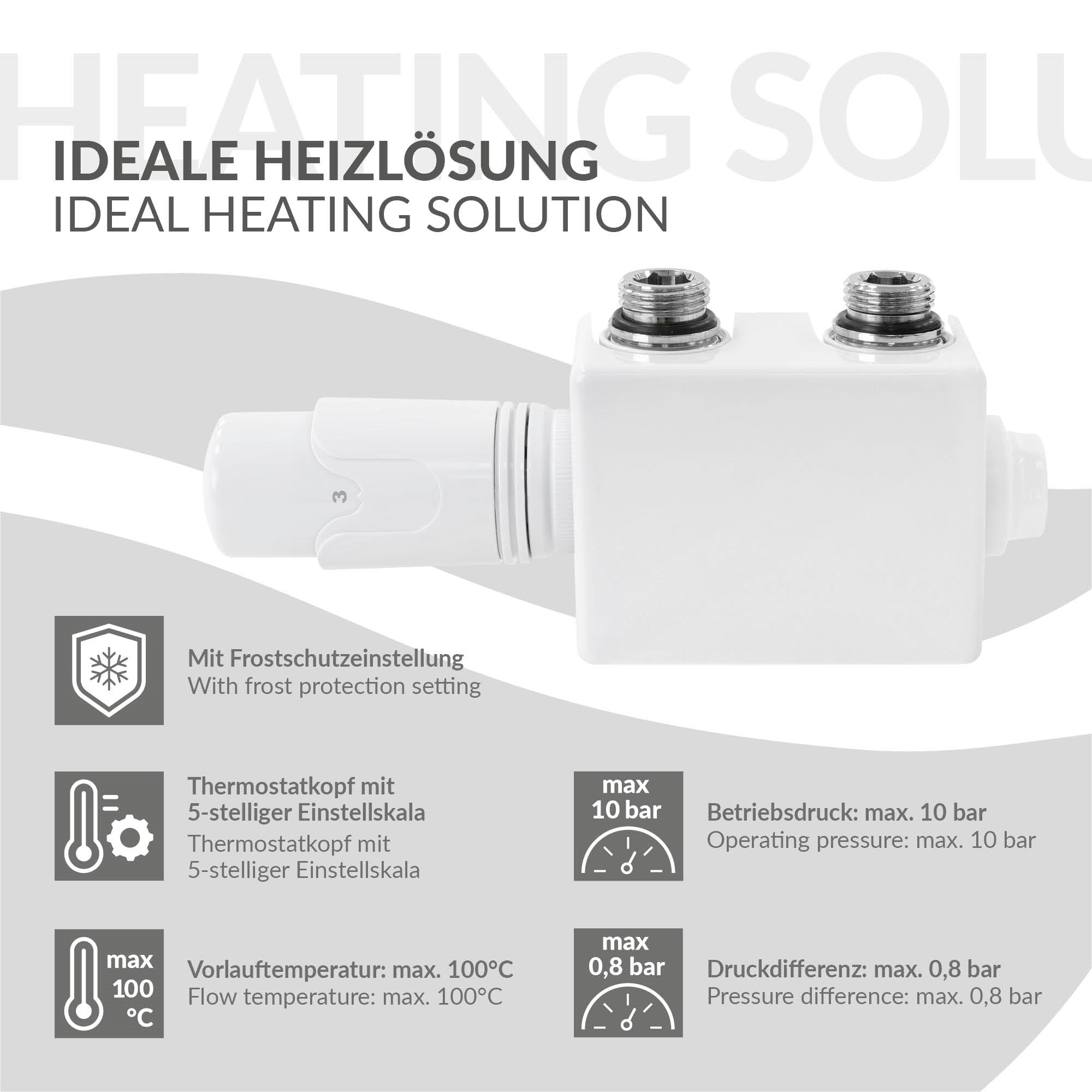 Weißes Universalventil mit Thermostat und Frostschutz.