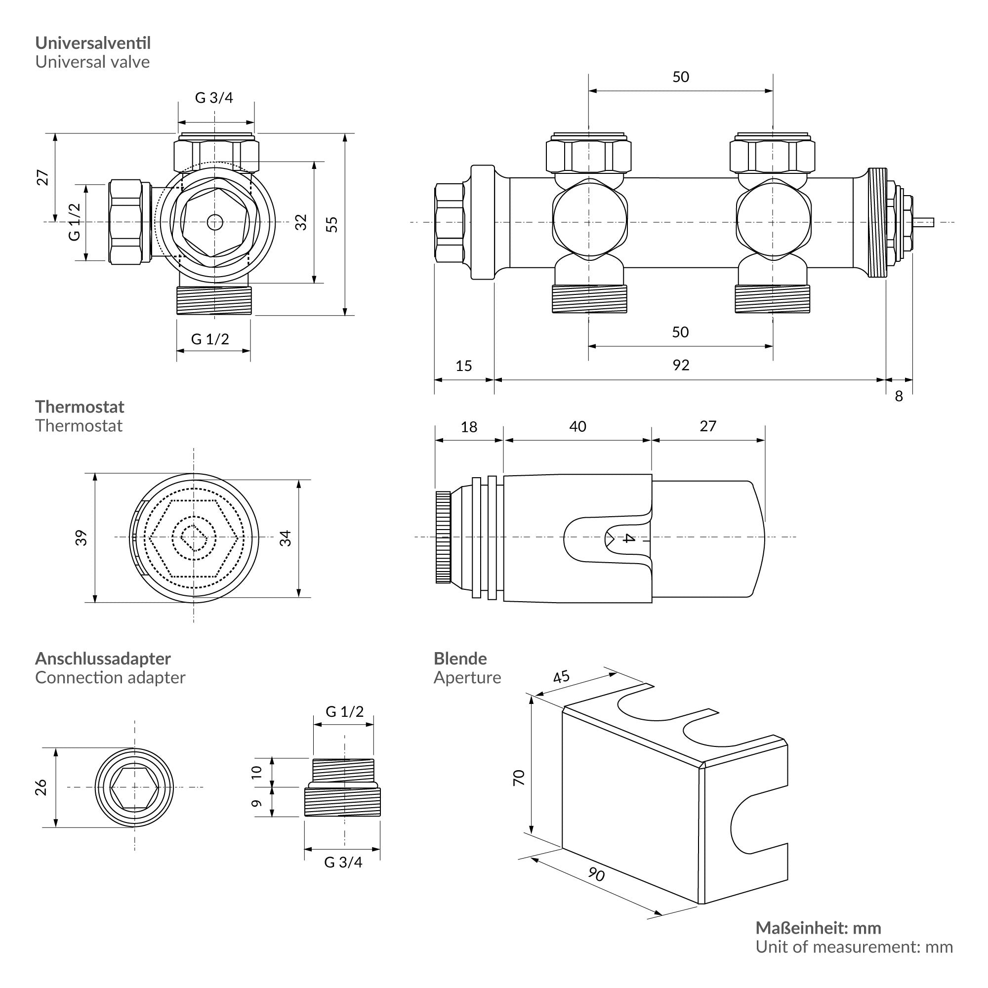 Dessin technique avec dimensions des vannes et des adaptateurs.