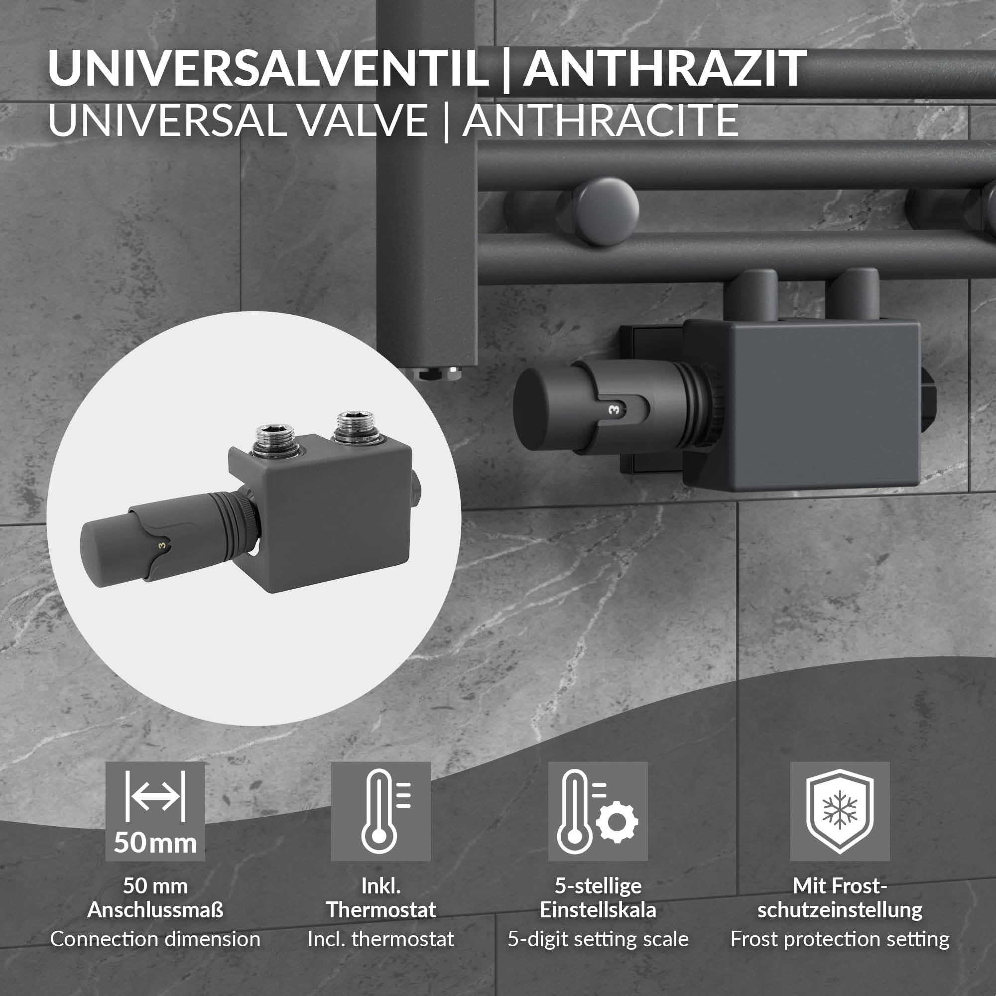 Anthrazitfarbenes Universalventil mit Thermostat und Frostschutz.