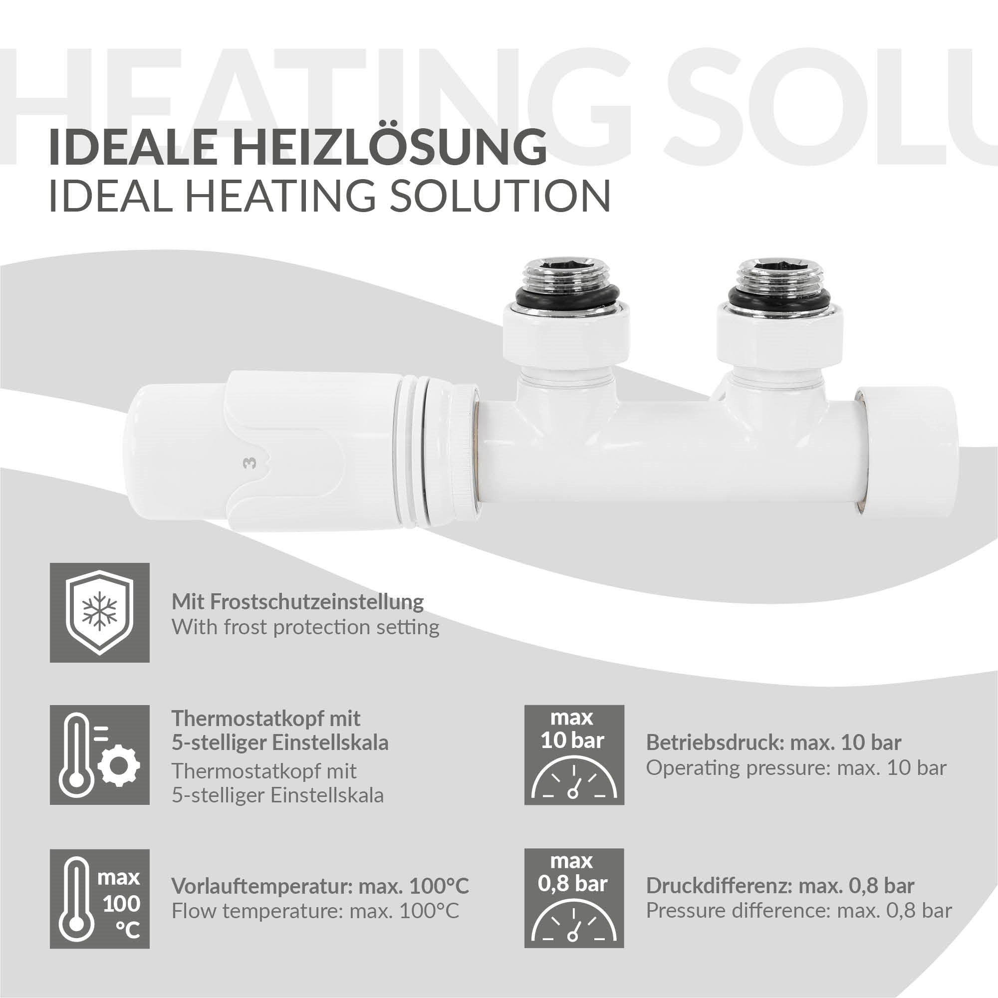 White heating valve with frost protection setting.