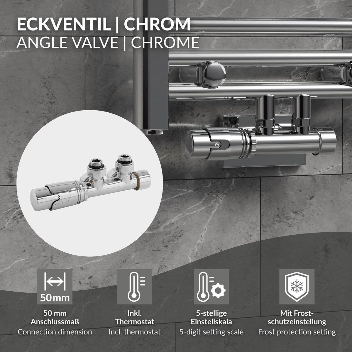 Eckventil aus verchromtem Material mit Thermostat und Einstellskala.