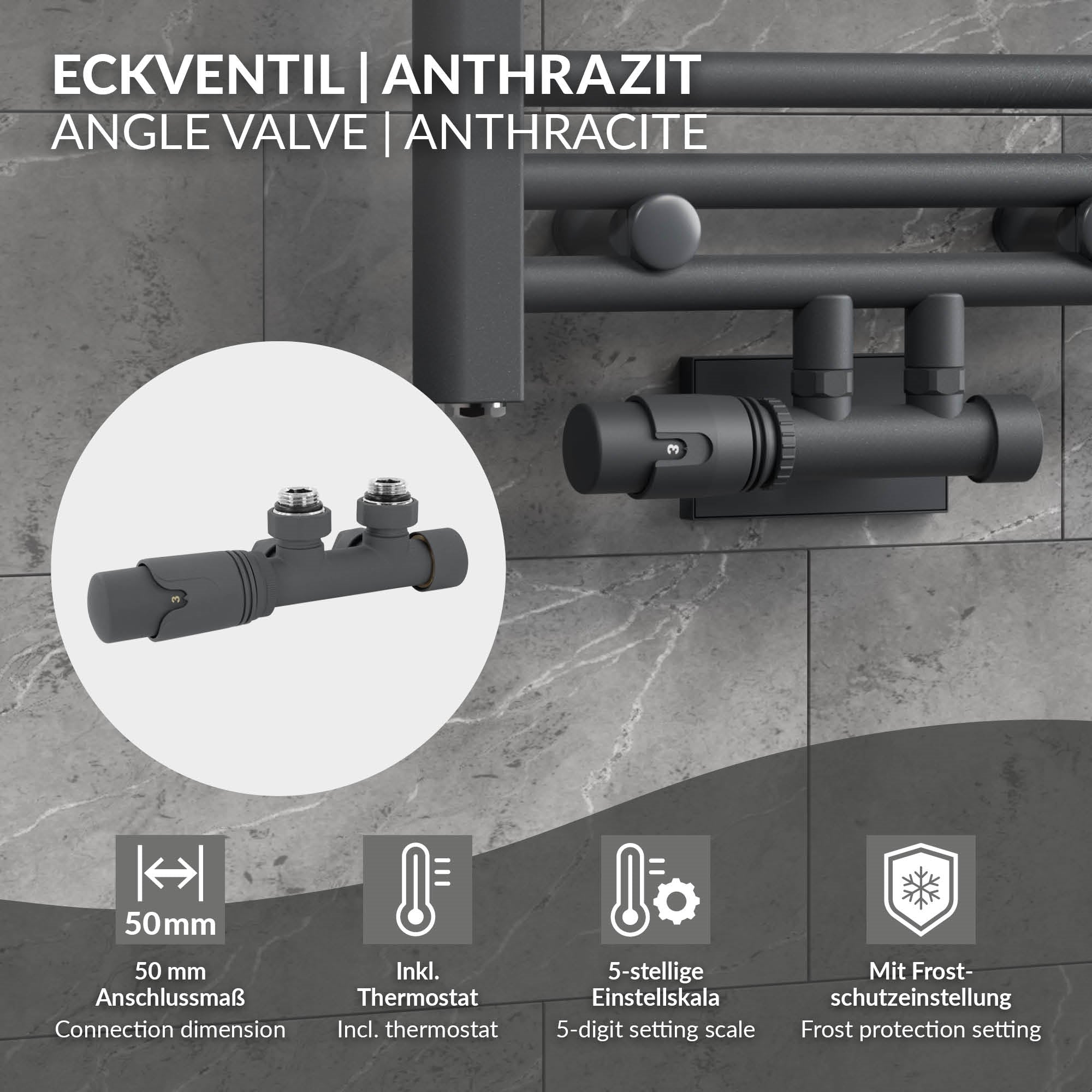 Eckventil in Anthrazit mit Thermostat und Einstellskala.