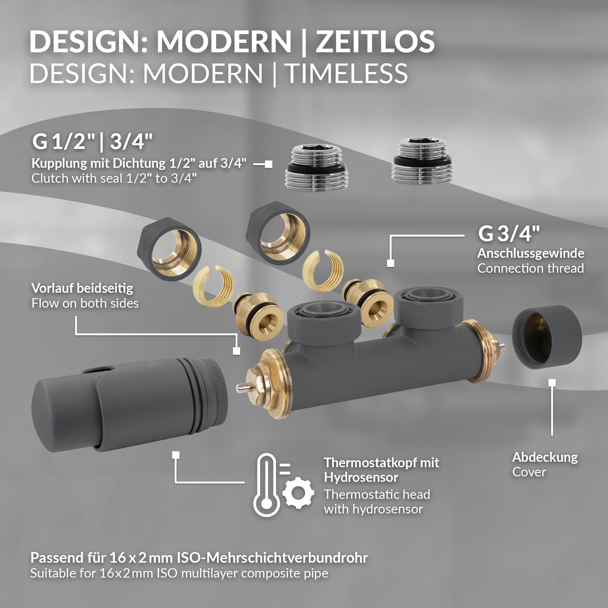Technische Zeichnung mit Bauteilen und Maßen für ein Ventil.