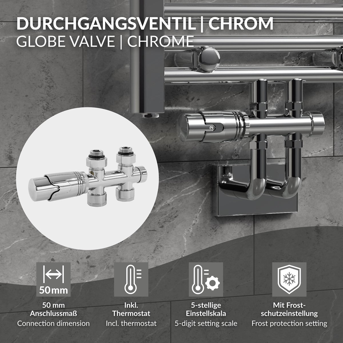 Durchgangsventil in Chrom mit Thermostat und Einstellskala.
