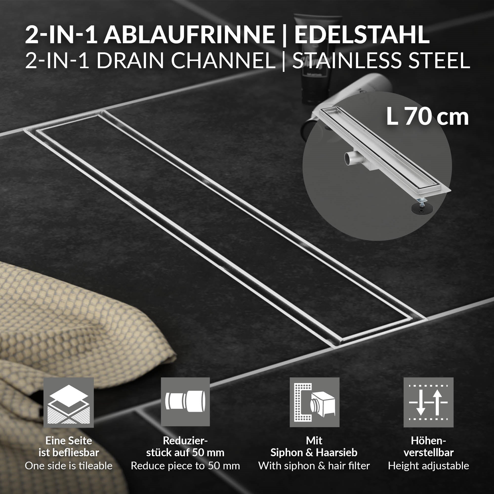 Edelstahl-Ablaufrinne mit reduzierbarem Anschluss und Höhenverstellung.