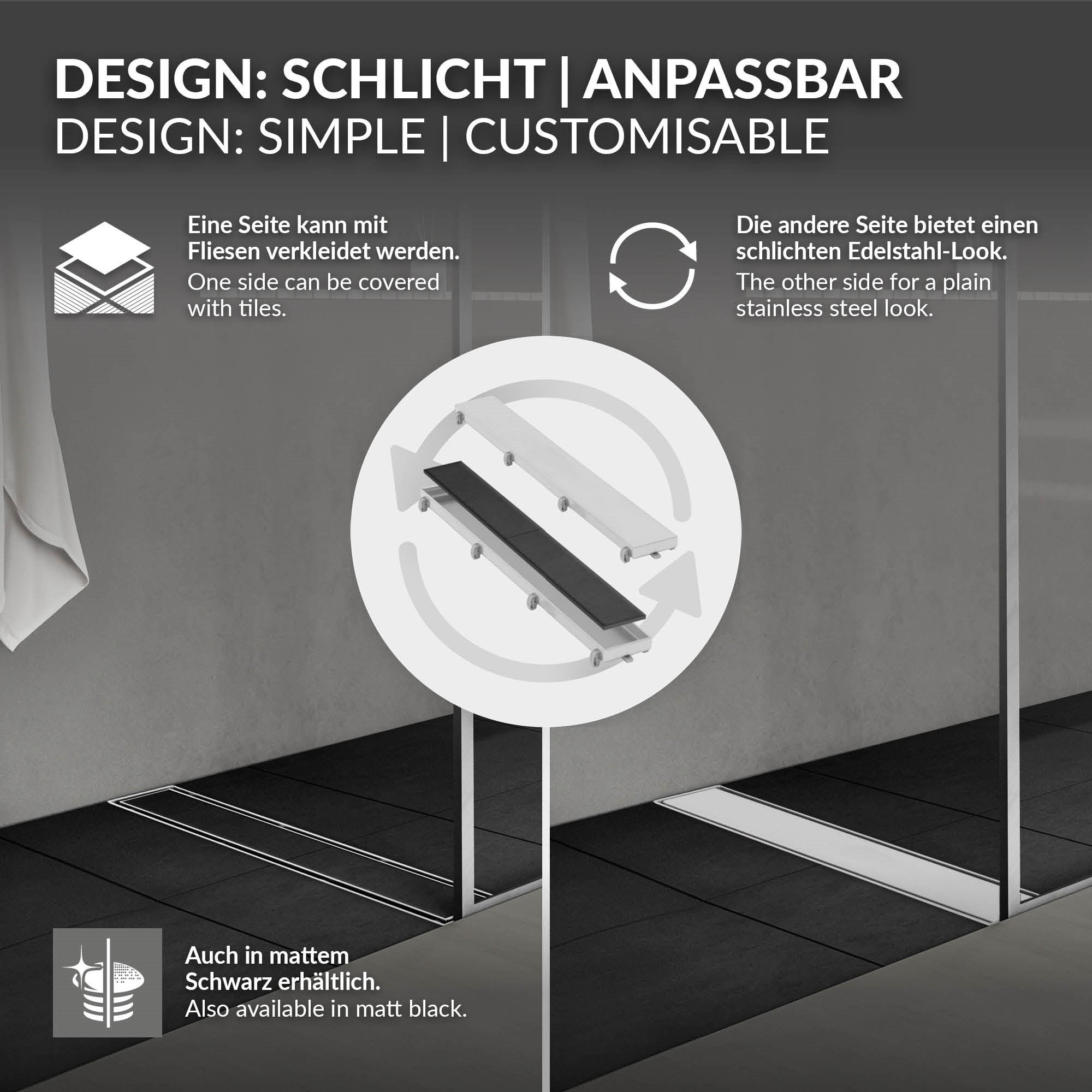 Grafik mit zwei Designs für eine Duschrinne, eine mit Fliesen und eine aus Edelstahl.