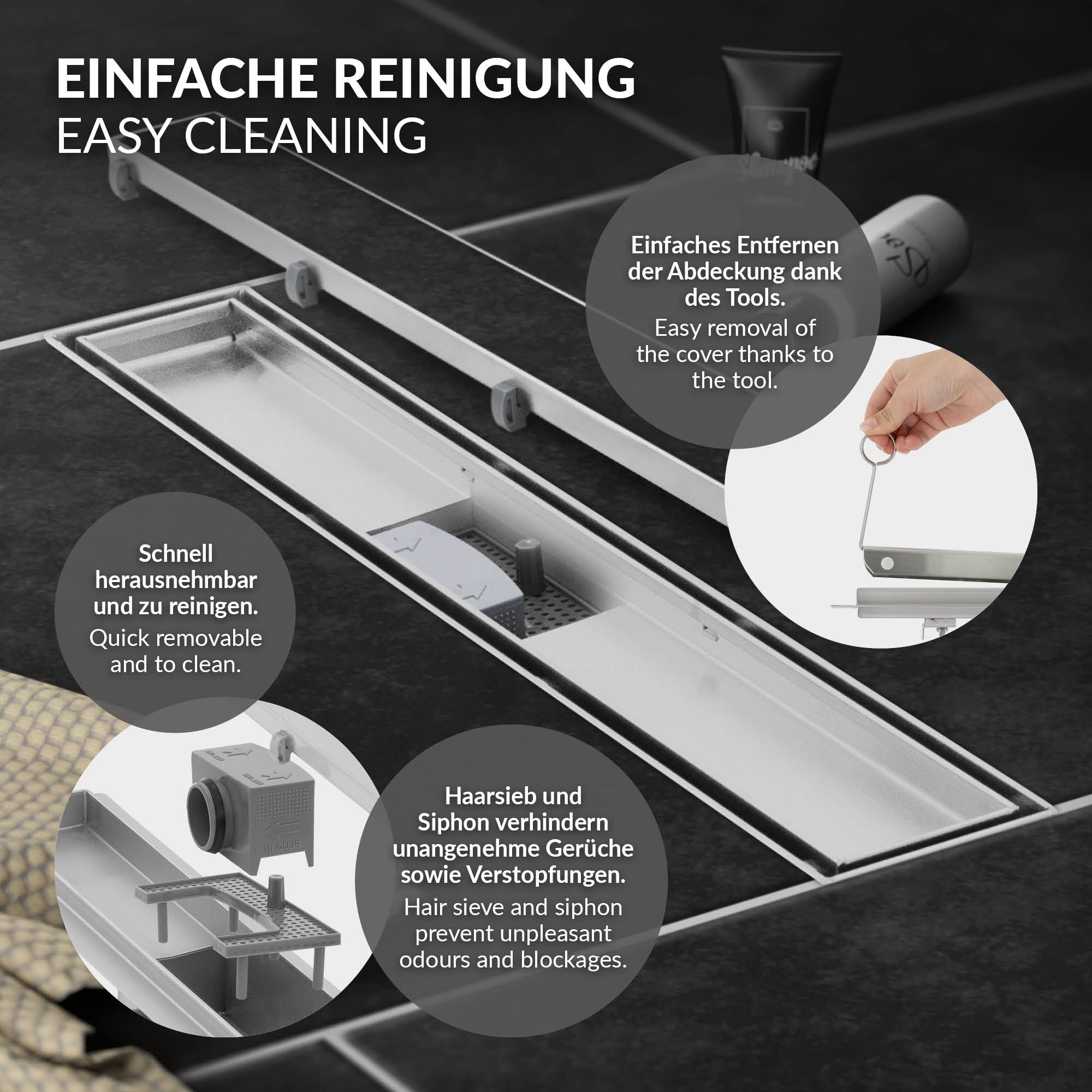 Grafik zur einfachen Reinigung eines Duschablaufs mit Text und Symbolen.