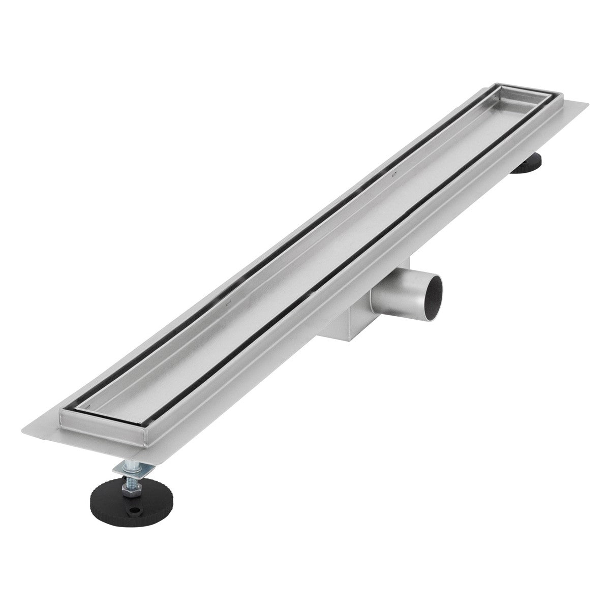 Long, narrow stainless steel shower drain with a drainpipe.