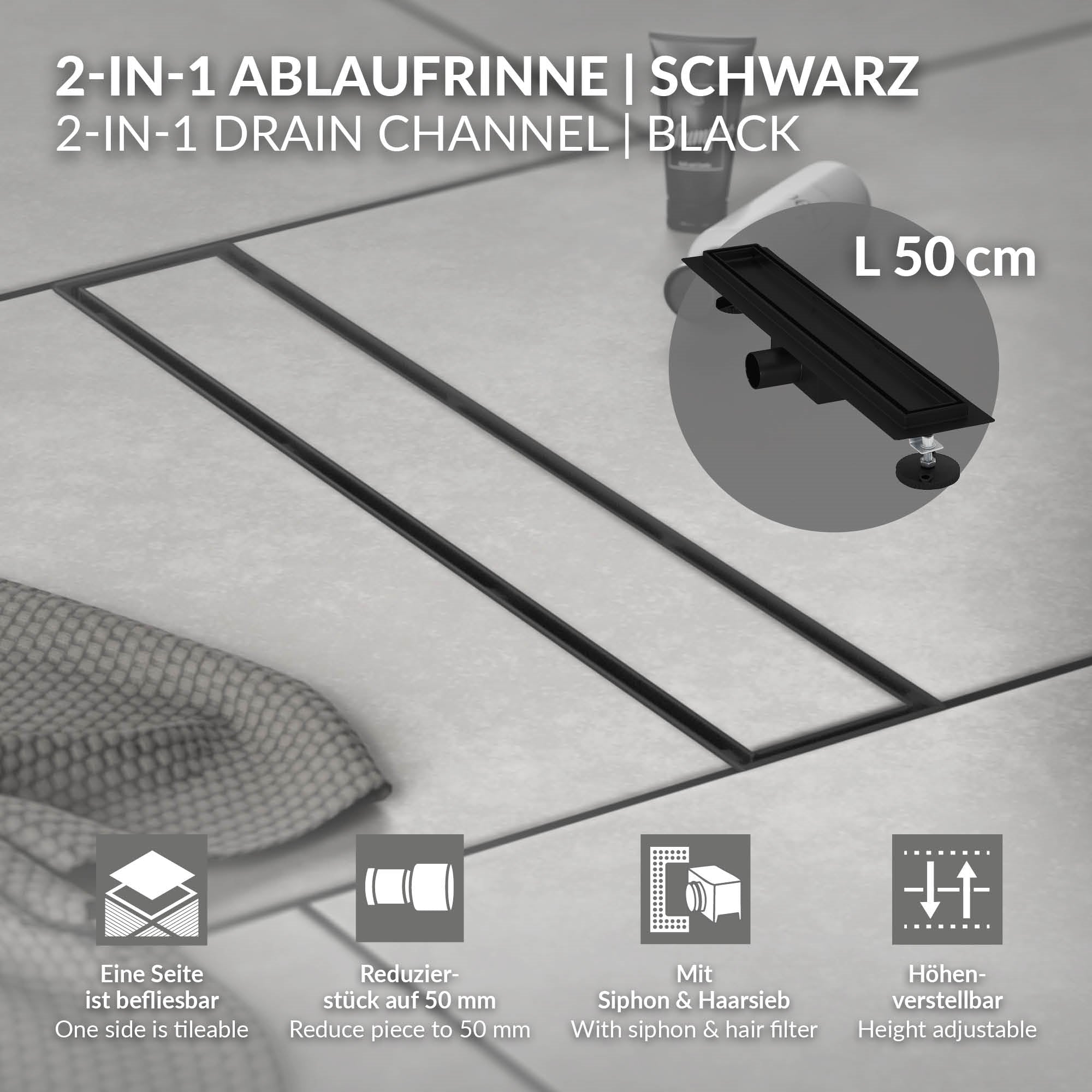 Schwarze 2-in-1 Ablaufrinne mit Abmessungen und Funktionen auf einem grauen Hintergrund.