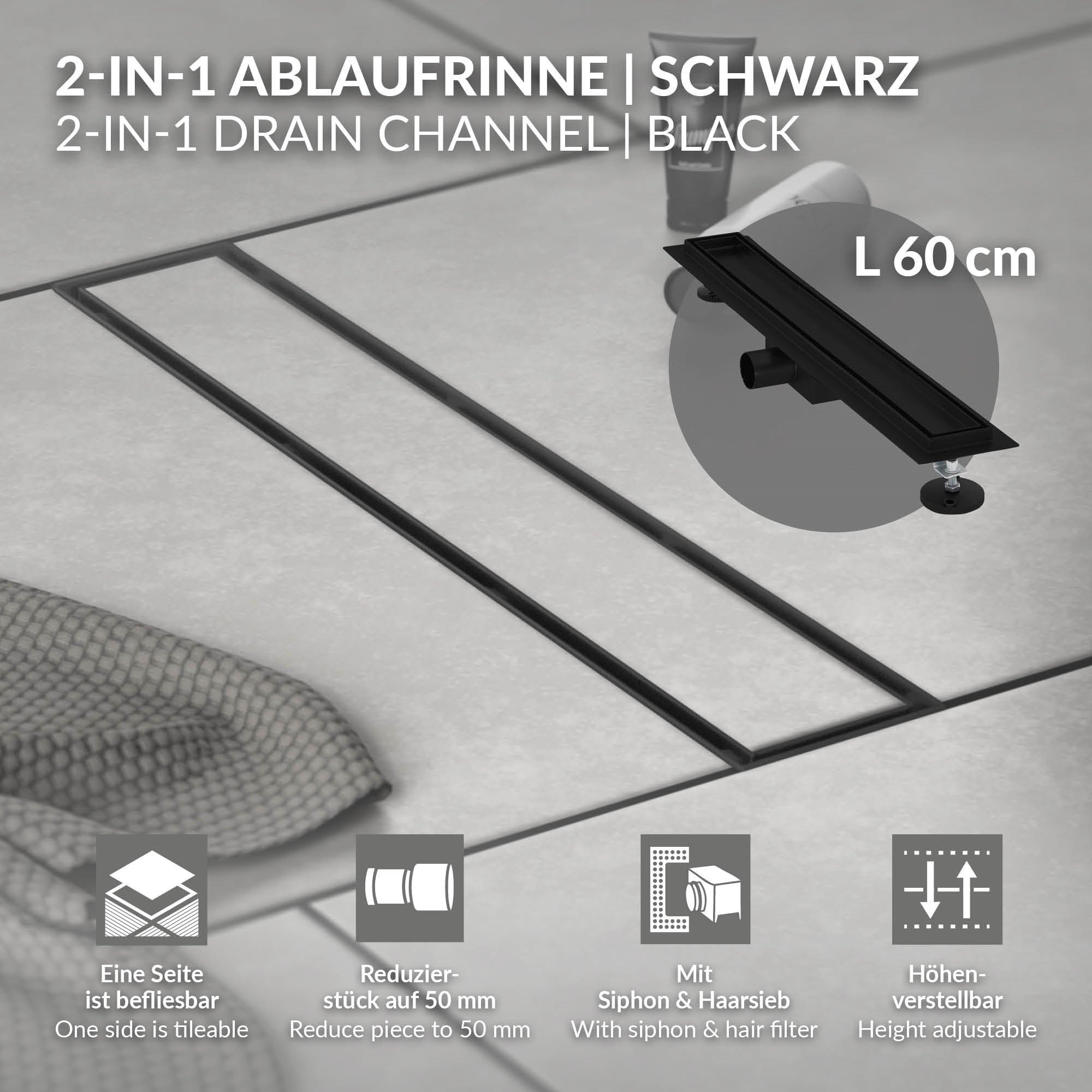Schwarze 2-in-1 Ablaufrinne auf einem hellen Boden mit Beschreibung.