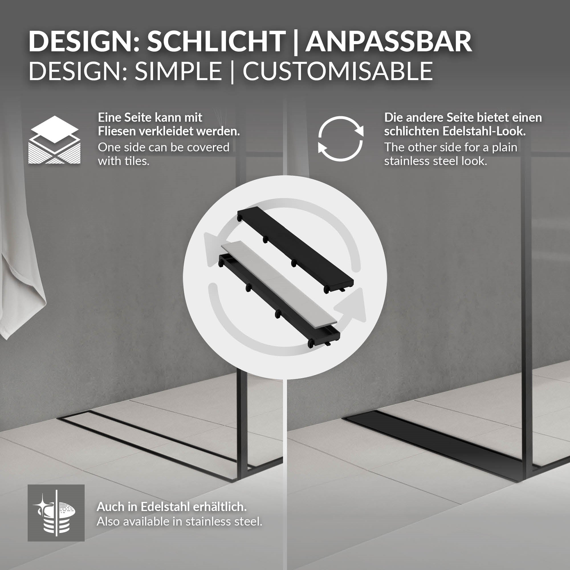 Grafik zu Designoptionen eines Ablaufs in Edelstahl und Fliesen.