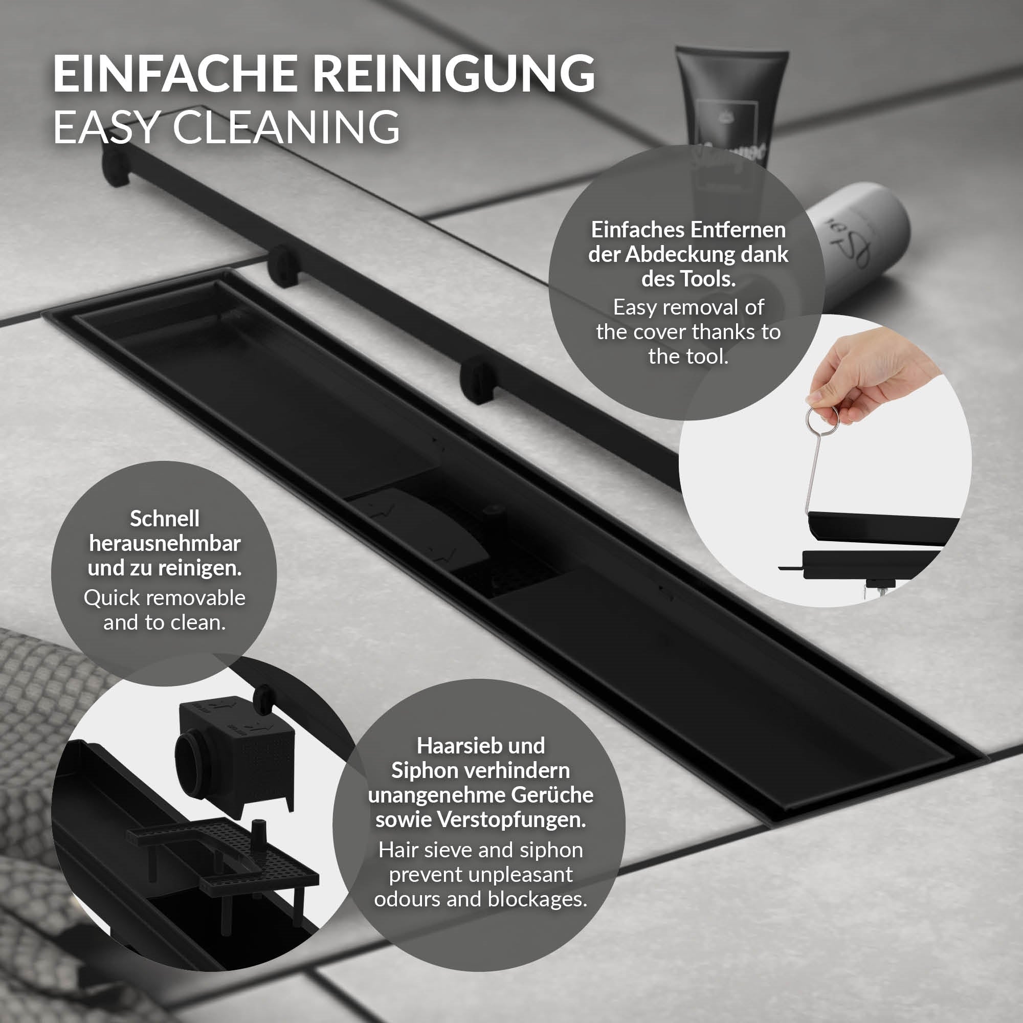 Grafik zur einfachen Reinigung eines Duschabflusses mit Anleitungen.