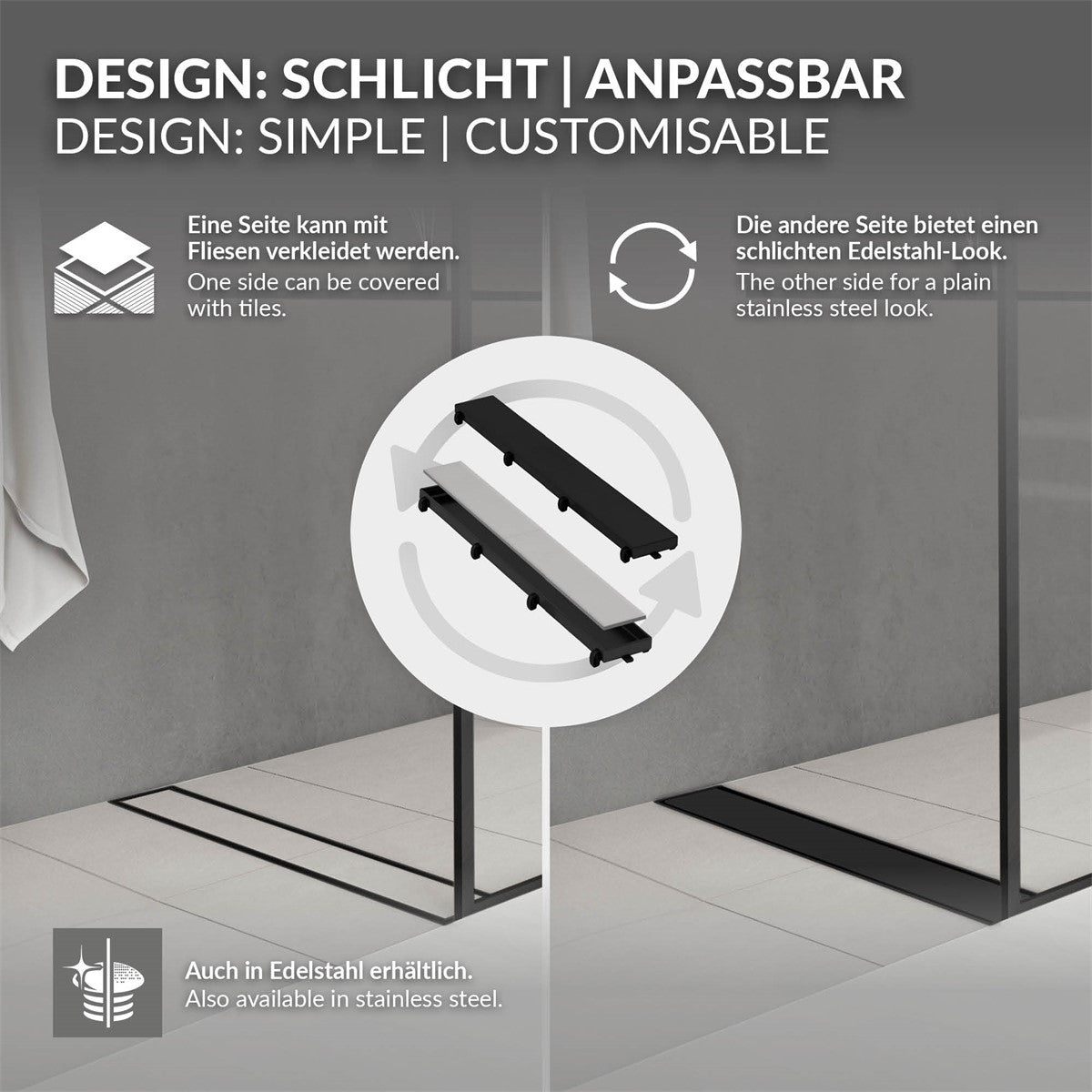 Grafik zeigt zwei Seiten einer Ablaufrinne, eine mit Fliesen, die andere in Edelstahl.
