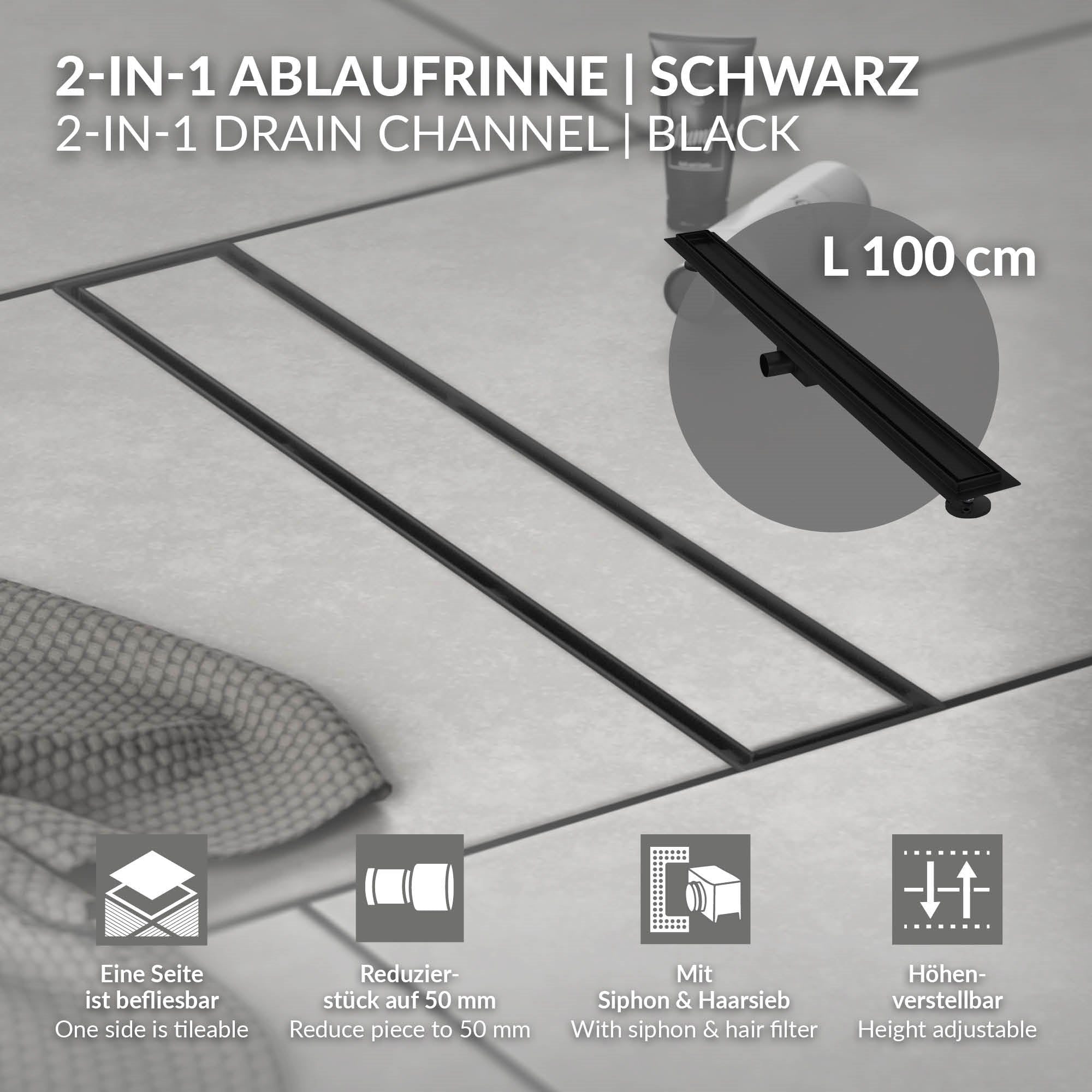 Schwarze 2-in-1 Ablaufrinne mit Maßangaben und Zubehör.