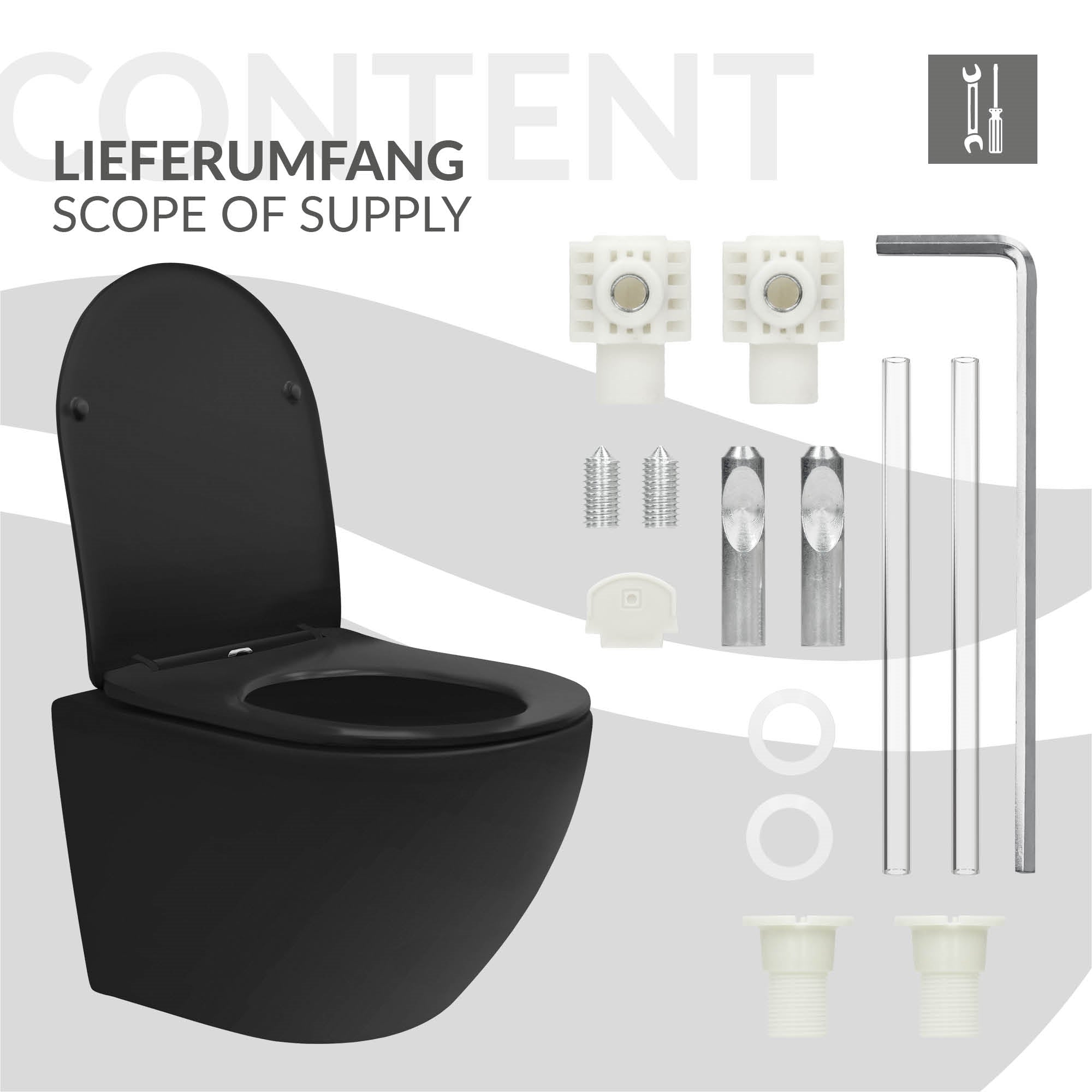 Lieferumfang einer Toilette mit verschiedenen Montageelementen.
