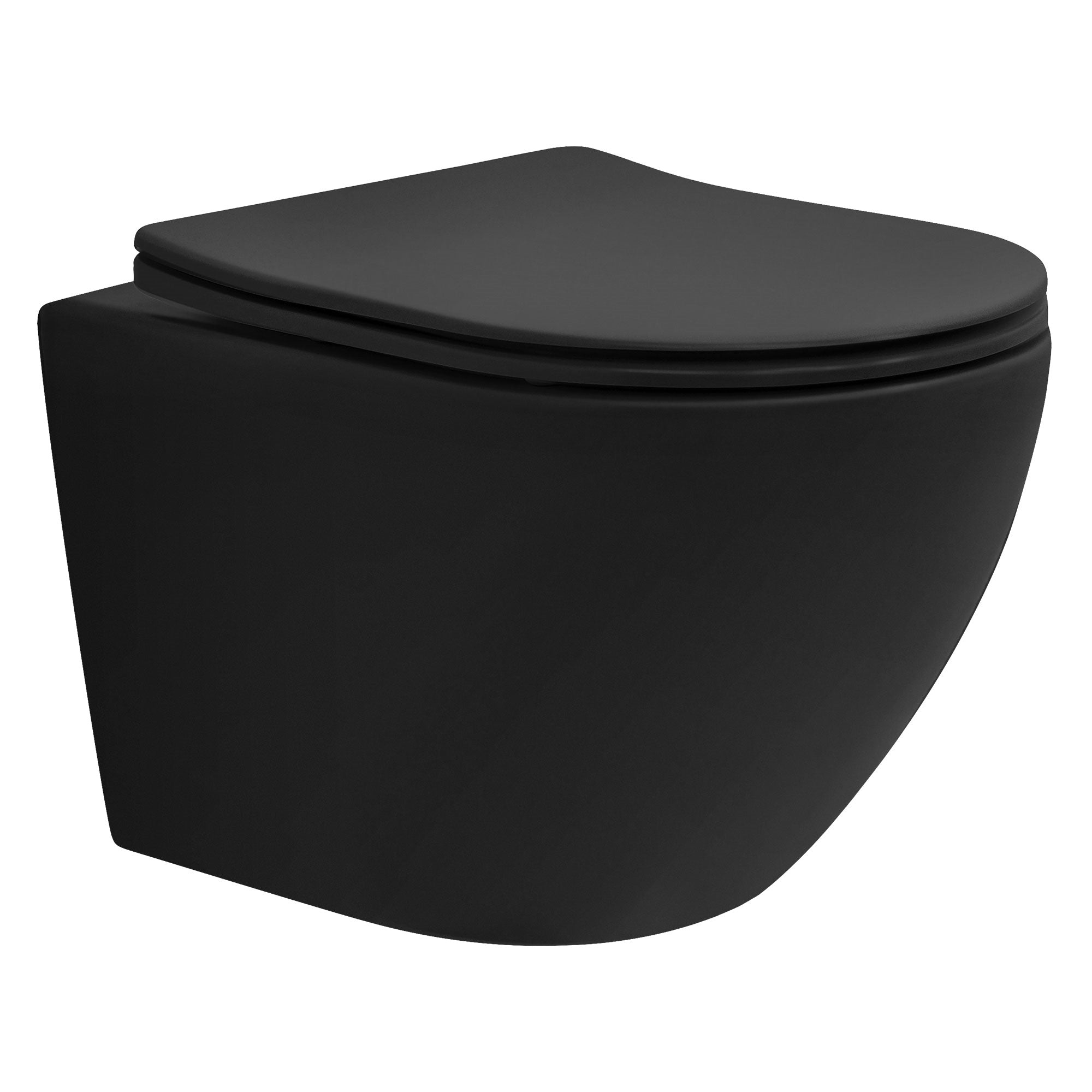 Wandtoilette in schwarz vor hellem Hintergrund.