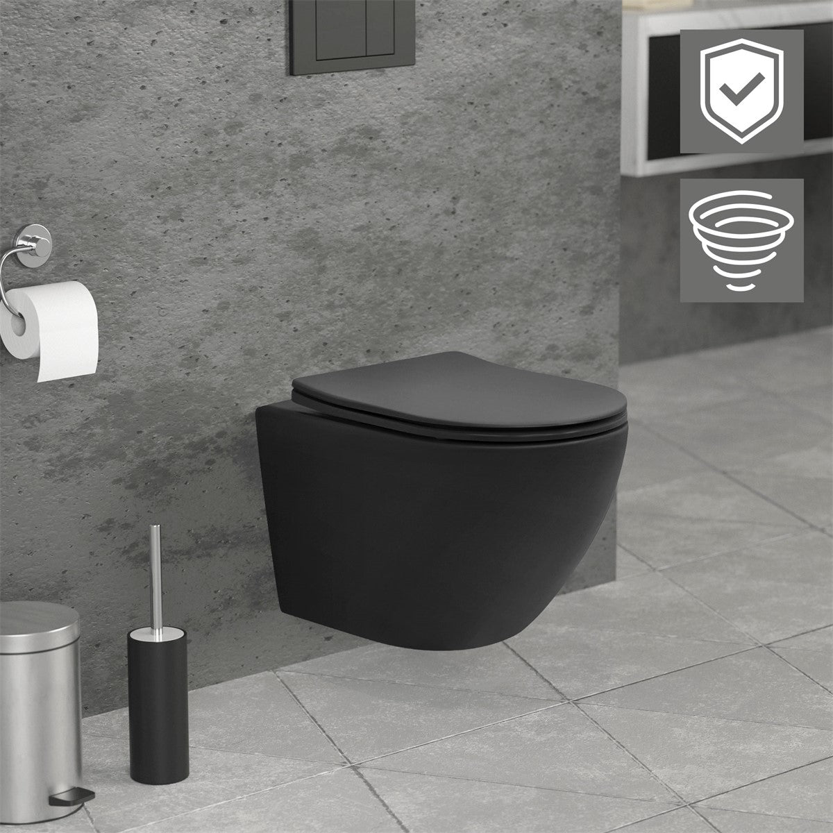 Black wall-hung toilet in a modern bathroom with accessories.