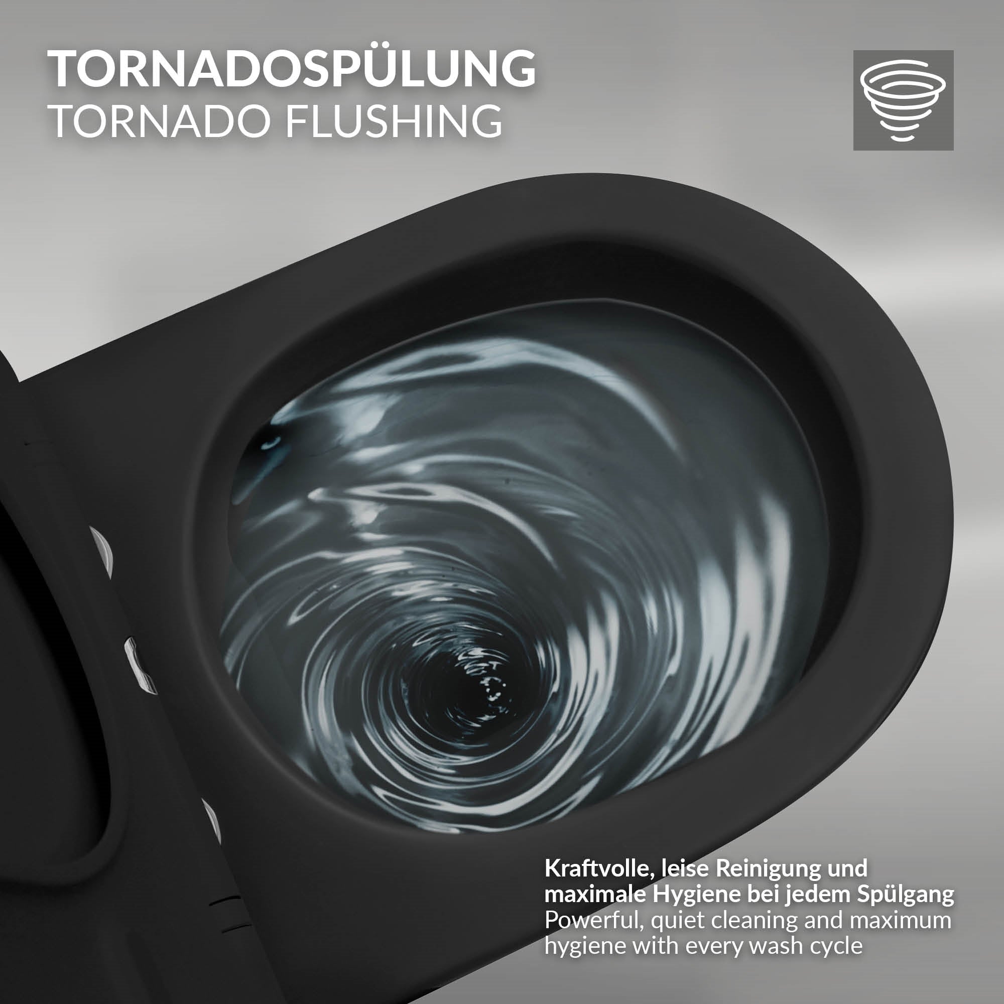 Close-up van de Tornadospoeling met waterwerveling in het WC.