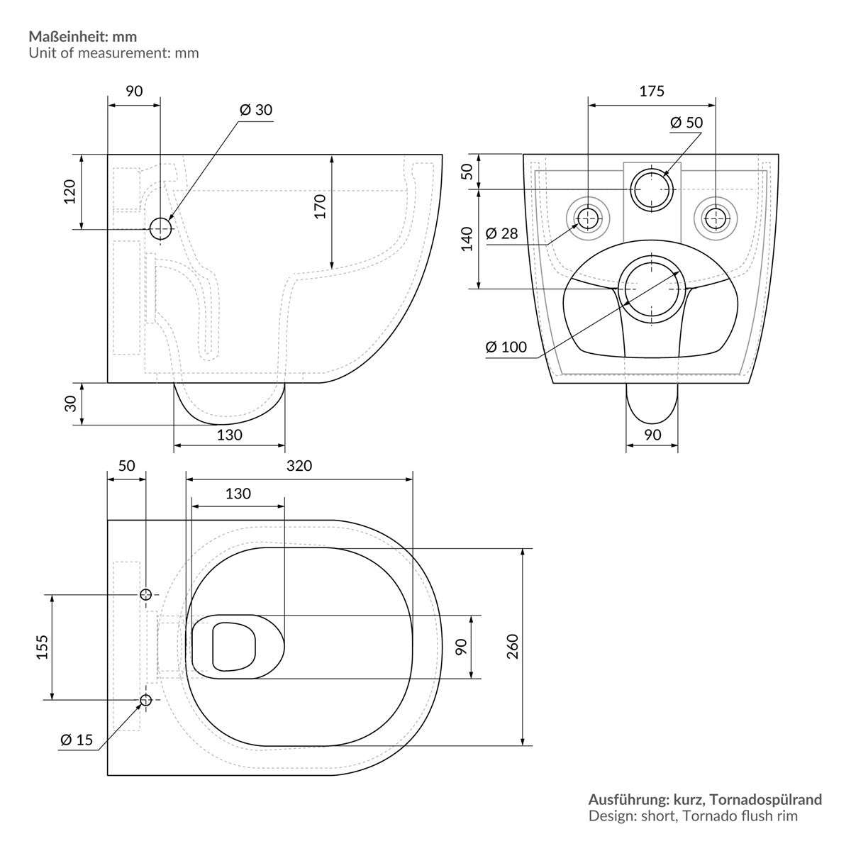 Technische Zeichnung einer Toilette mit Maßen in Millimetern.