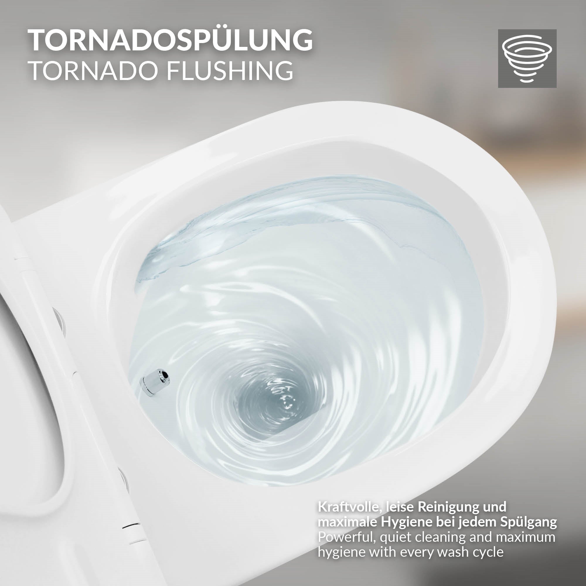 Nahaufnahme einer Toilette mit Tornadospülung und Wasserwirbel.